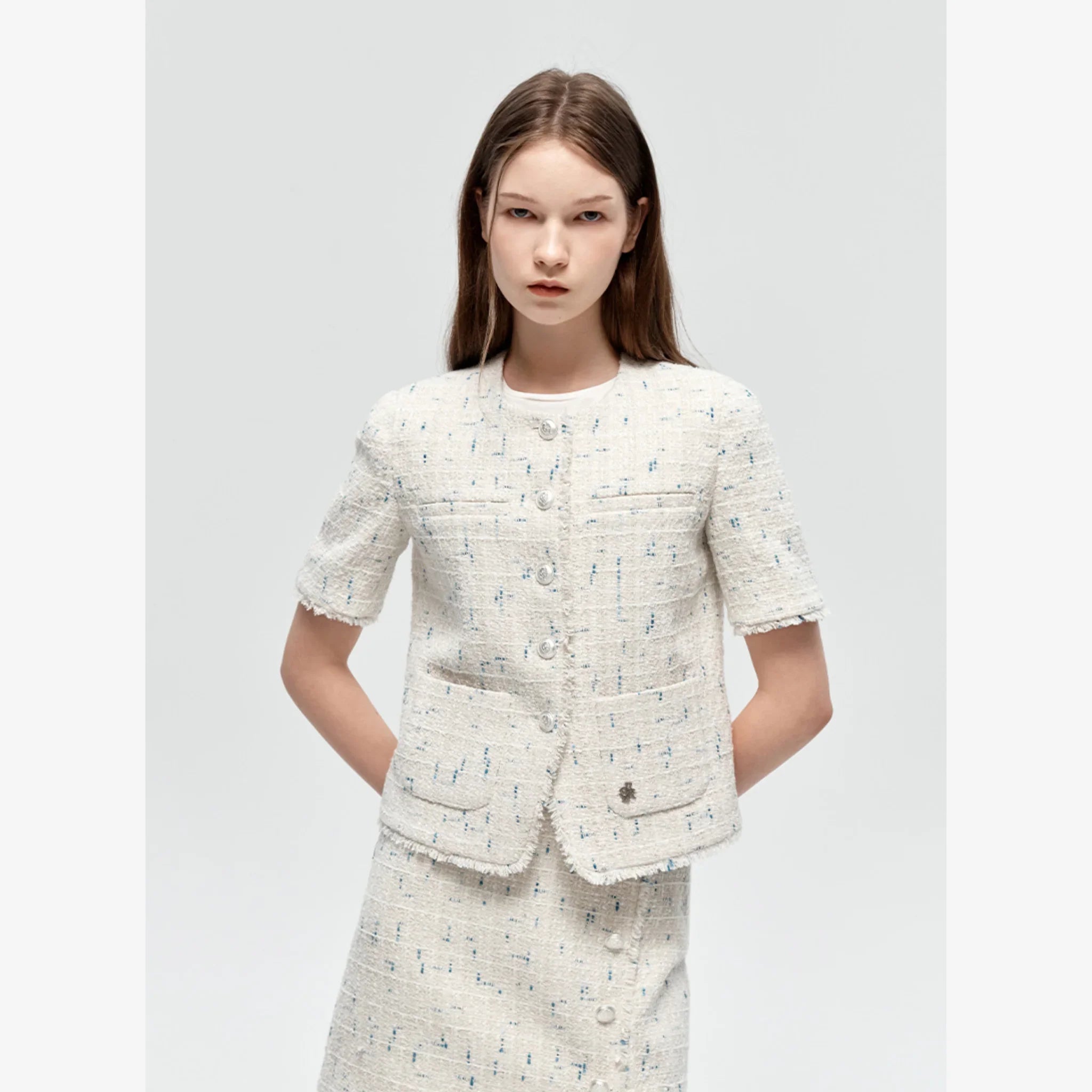 CITYBREEZE TWEED FRINGE HALF SLEEVE JACKET-3