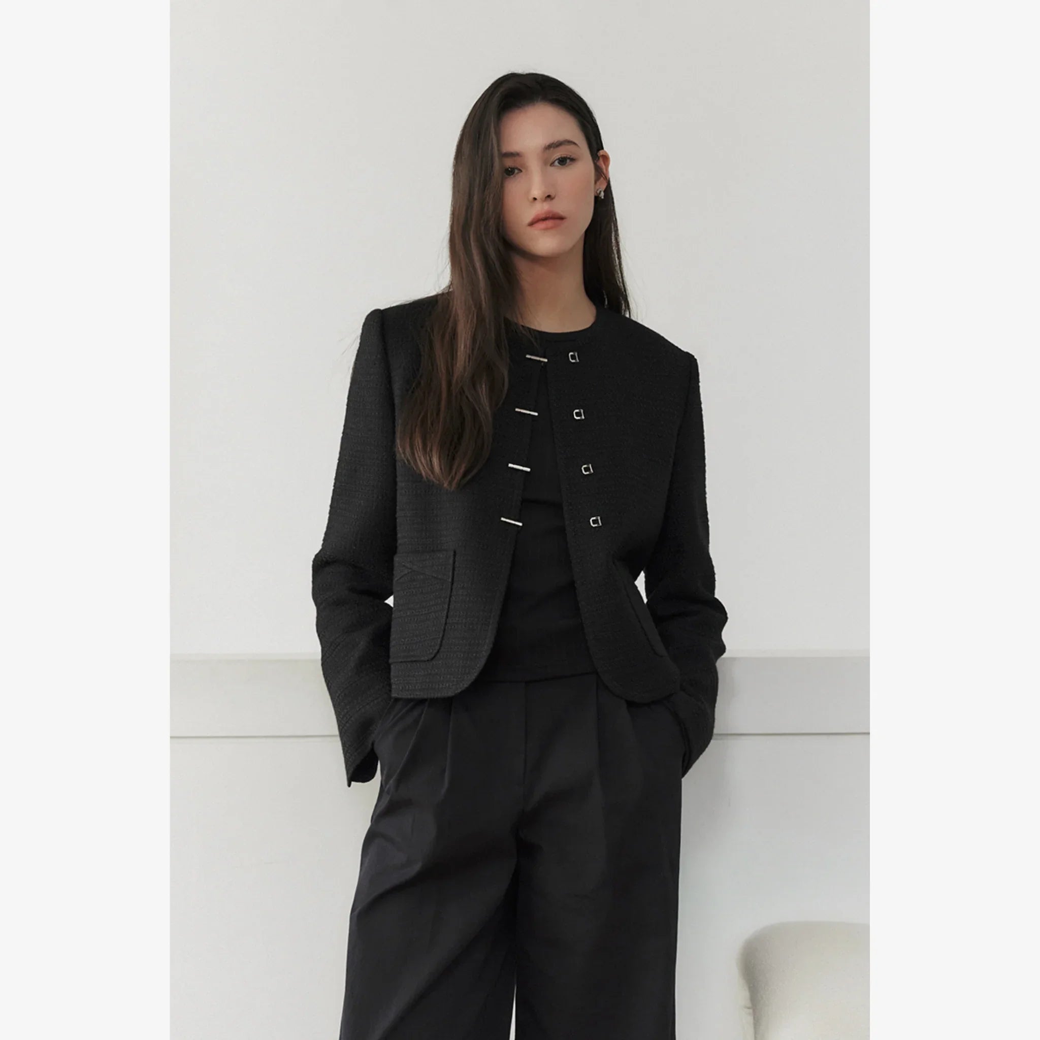 ARTID BUCKLE DETAIL TWEED JACKET | BLACK-3