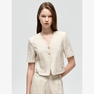 LINEN COLLARLESS HALF SLEEVE JACKET