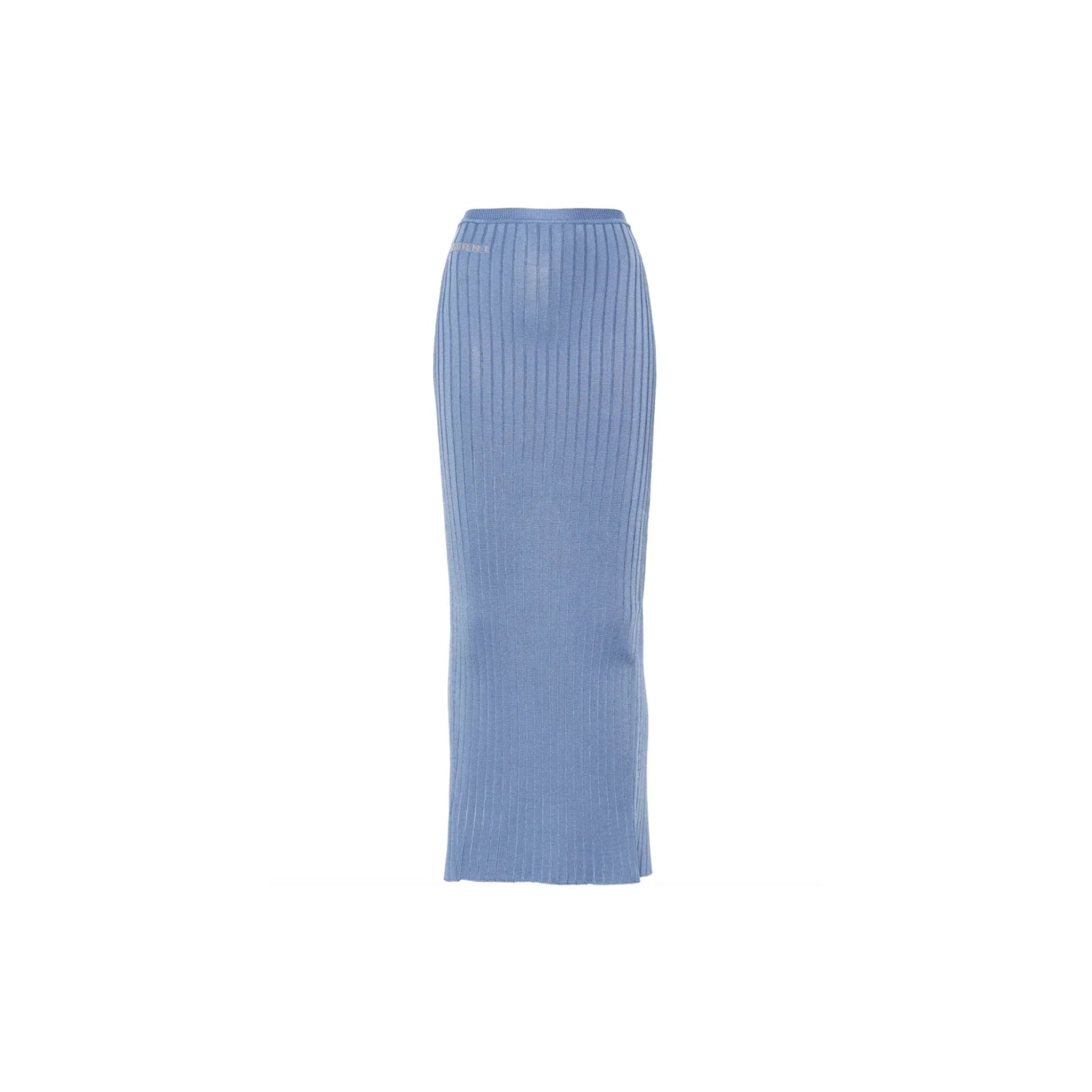 Light blue ribbed knit pencil skirt on a white background