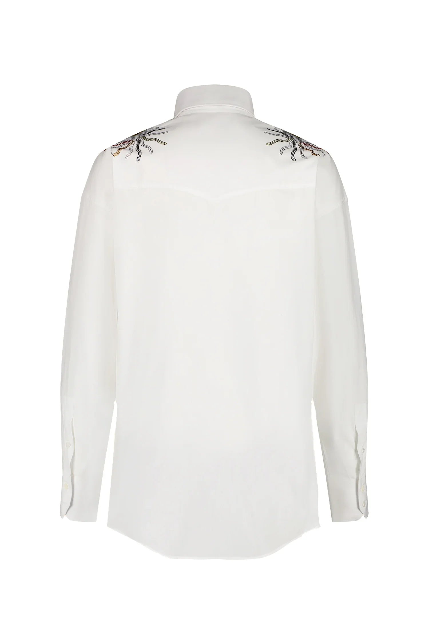 Back view of white long-sleeve shirt with sequin sunburst embroidery on shoulders