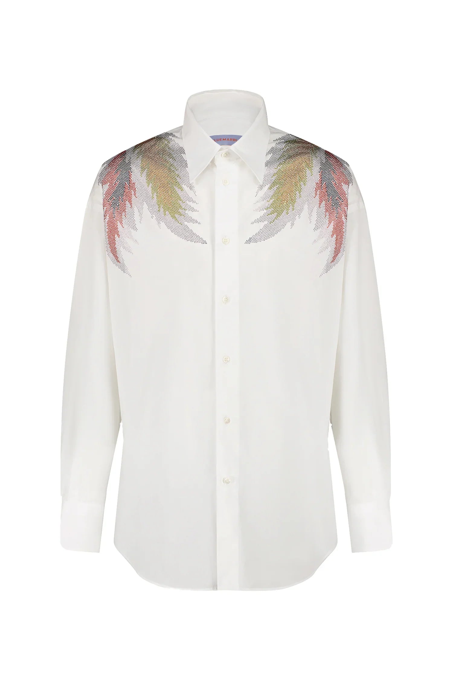 White button-up shirt with colorful feather-like pixelated print on shoulders and long sleeves