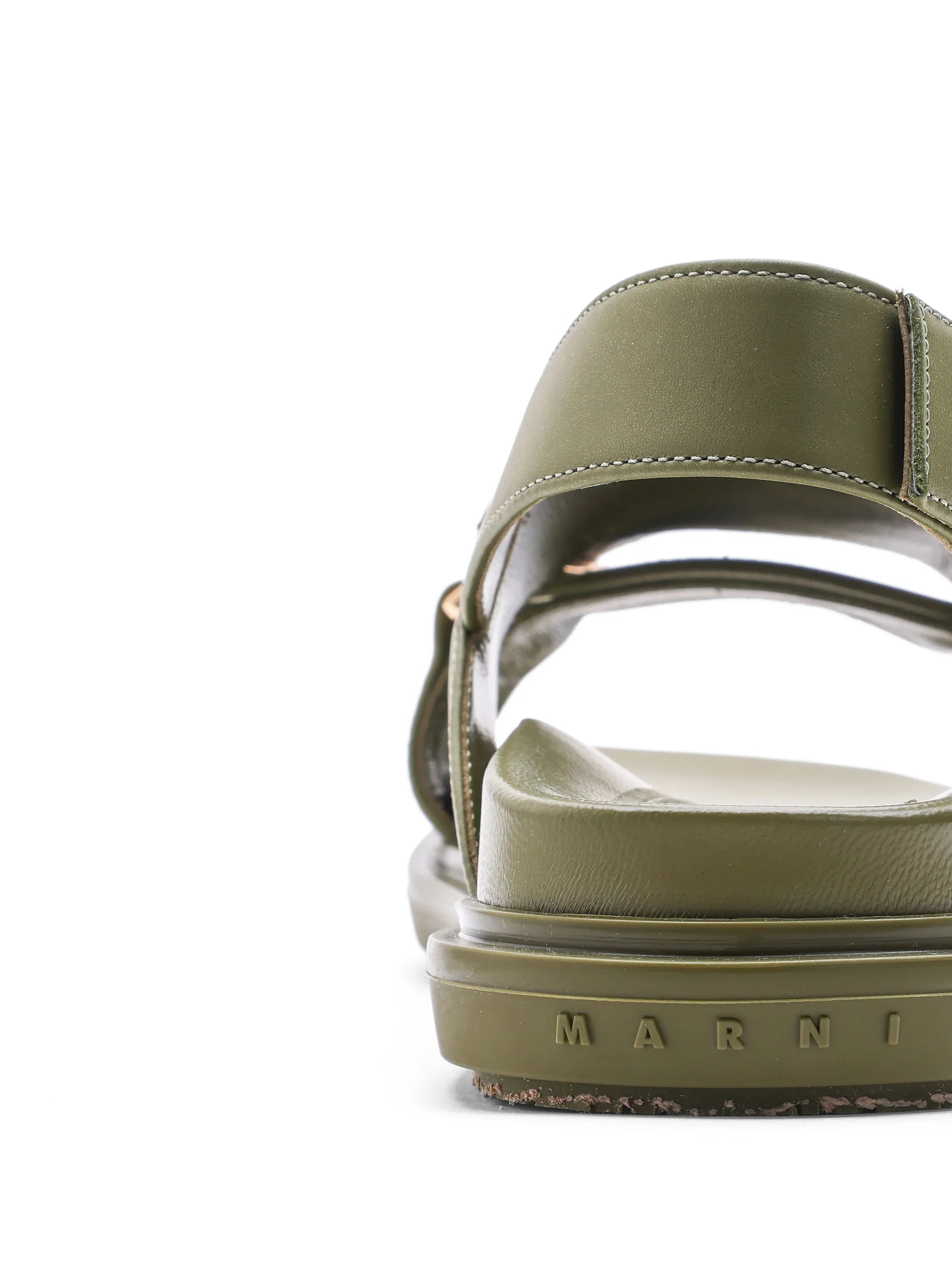 Close-up rear view of olive green Marni sandal with padded strap and rubber sole