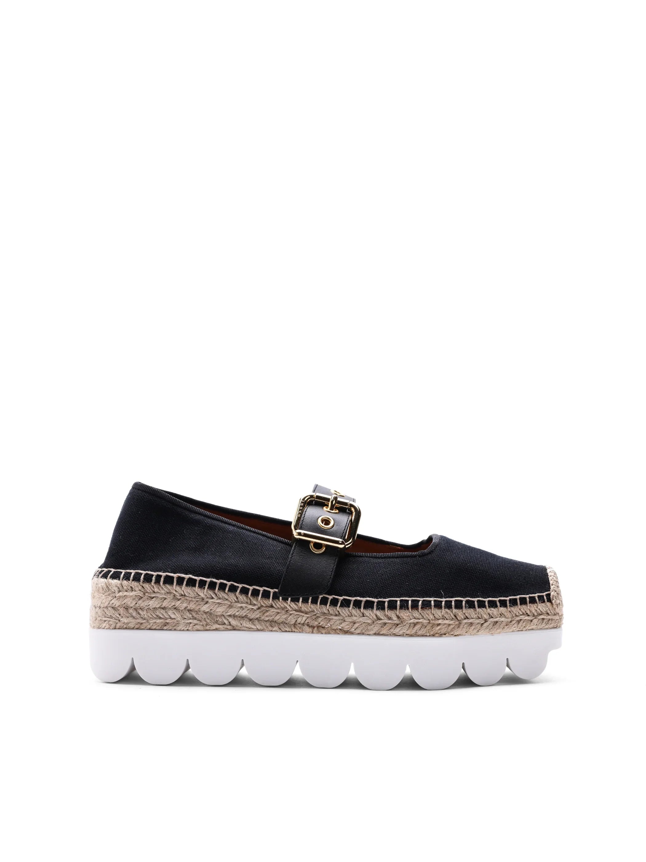 Black canvas espadrille with gold buckle and thick white scalloped sole