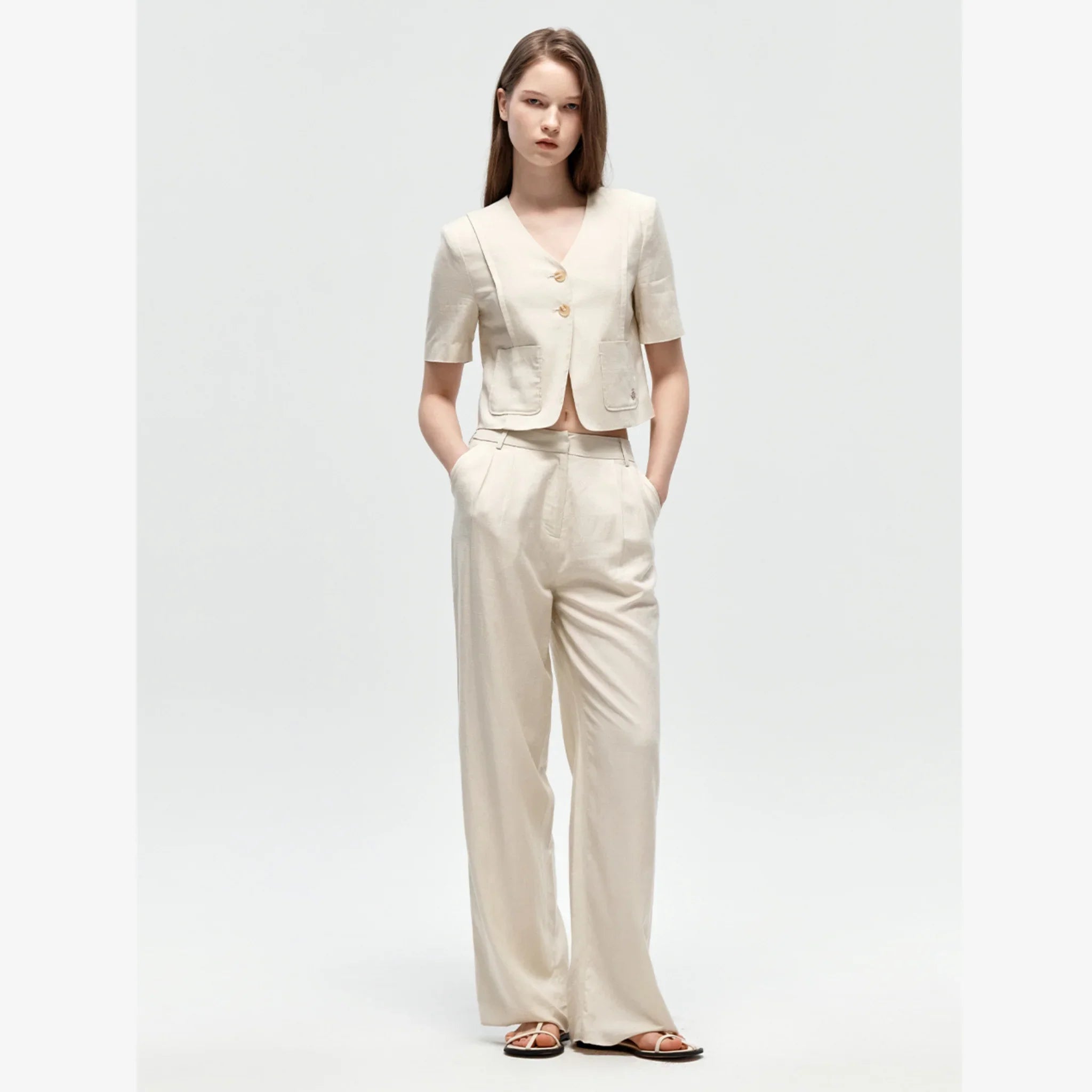 CITYBREEZE LINEN COLLARLESS HALF SLEEVE JACKET-4