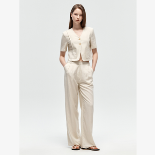 LINEN COLLARLESS HALF SLEEVE JACKET