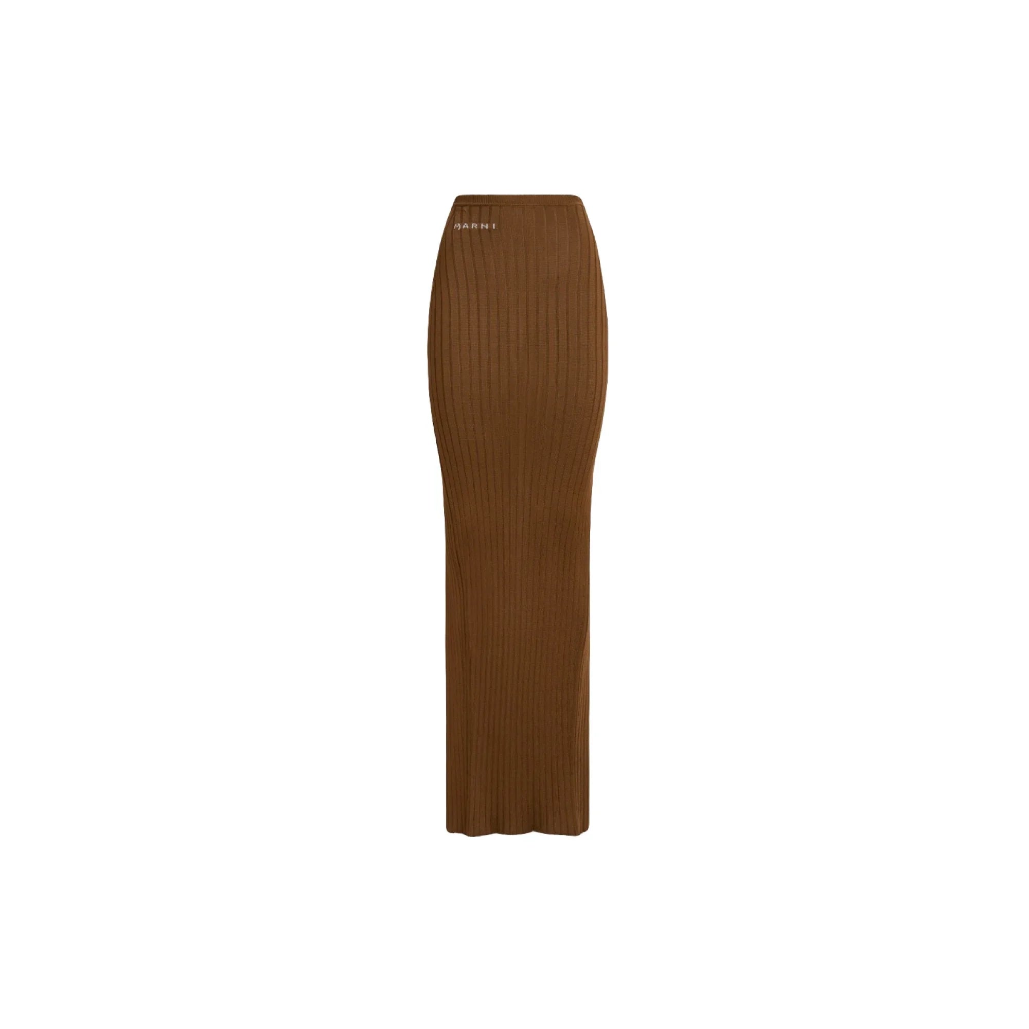 Brown ribbed knit Marni long pencil skirt with high waist and subtle logo detail