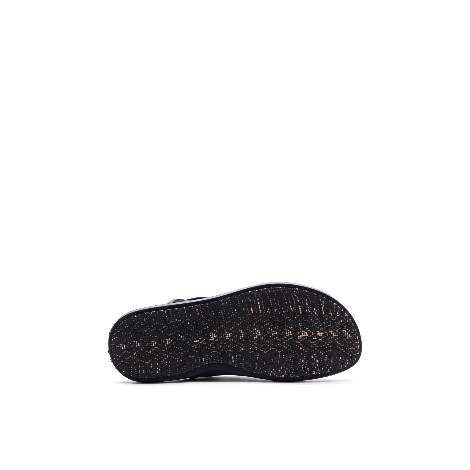 Black sandal sole with textured tread pattern isolated on white background
