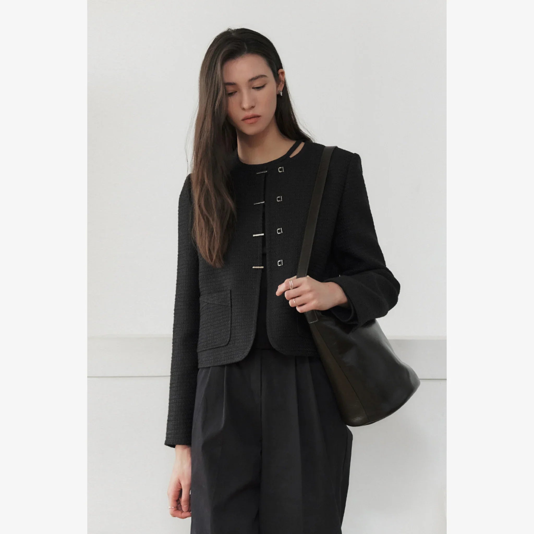 ARTID BUCKLE DETAIL TWEED JACKET | BLACK-4