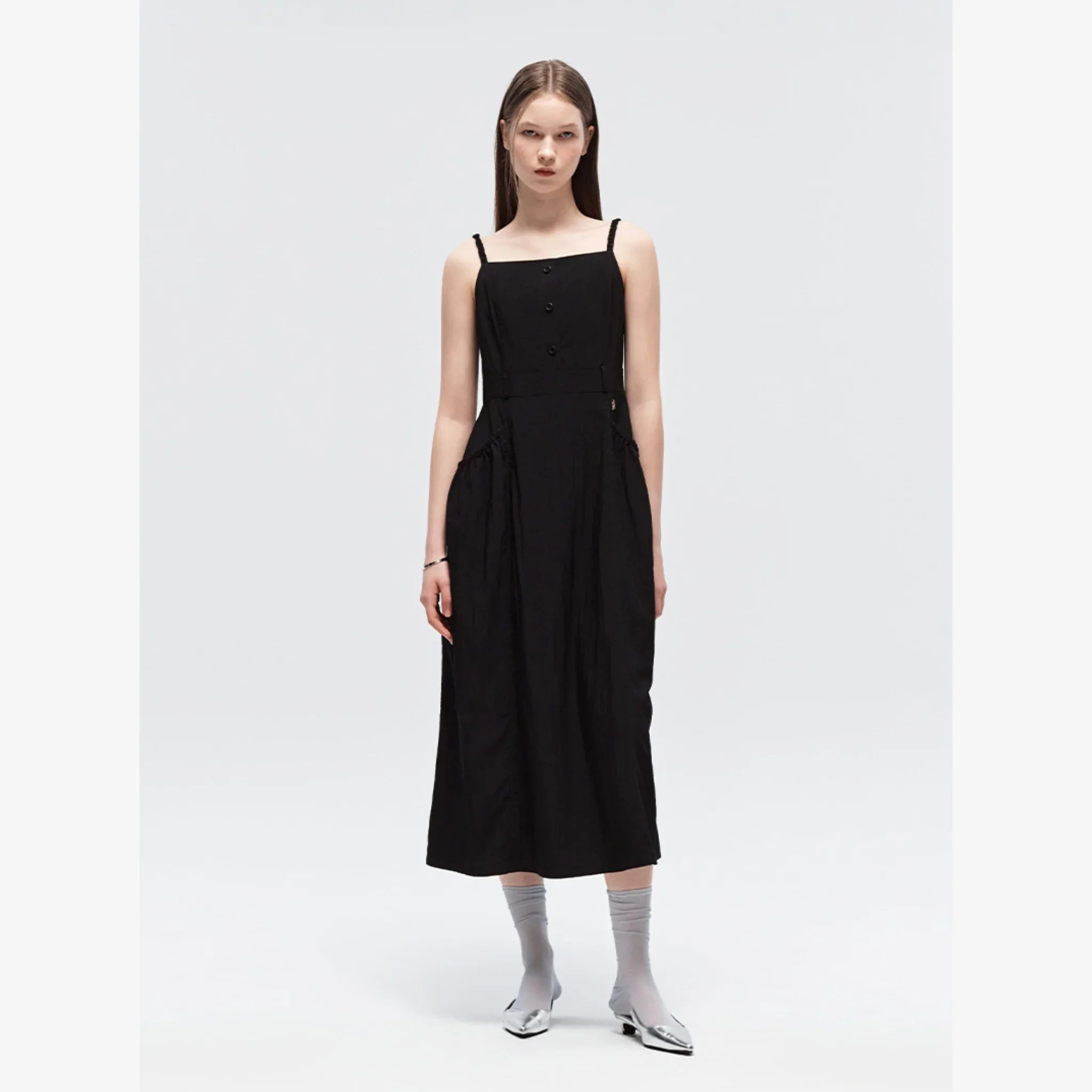 CITYBREEZE POCKET SHIRRING SLEEVELESS LONG DRESS-4