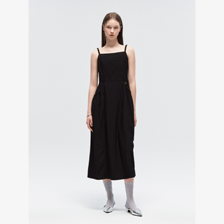 POCKET SHIRRING SLEEVELESS LONG DRESS