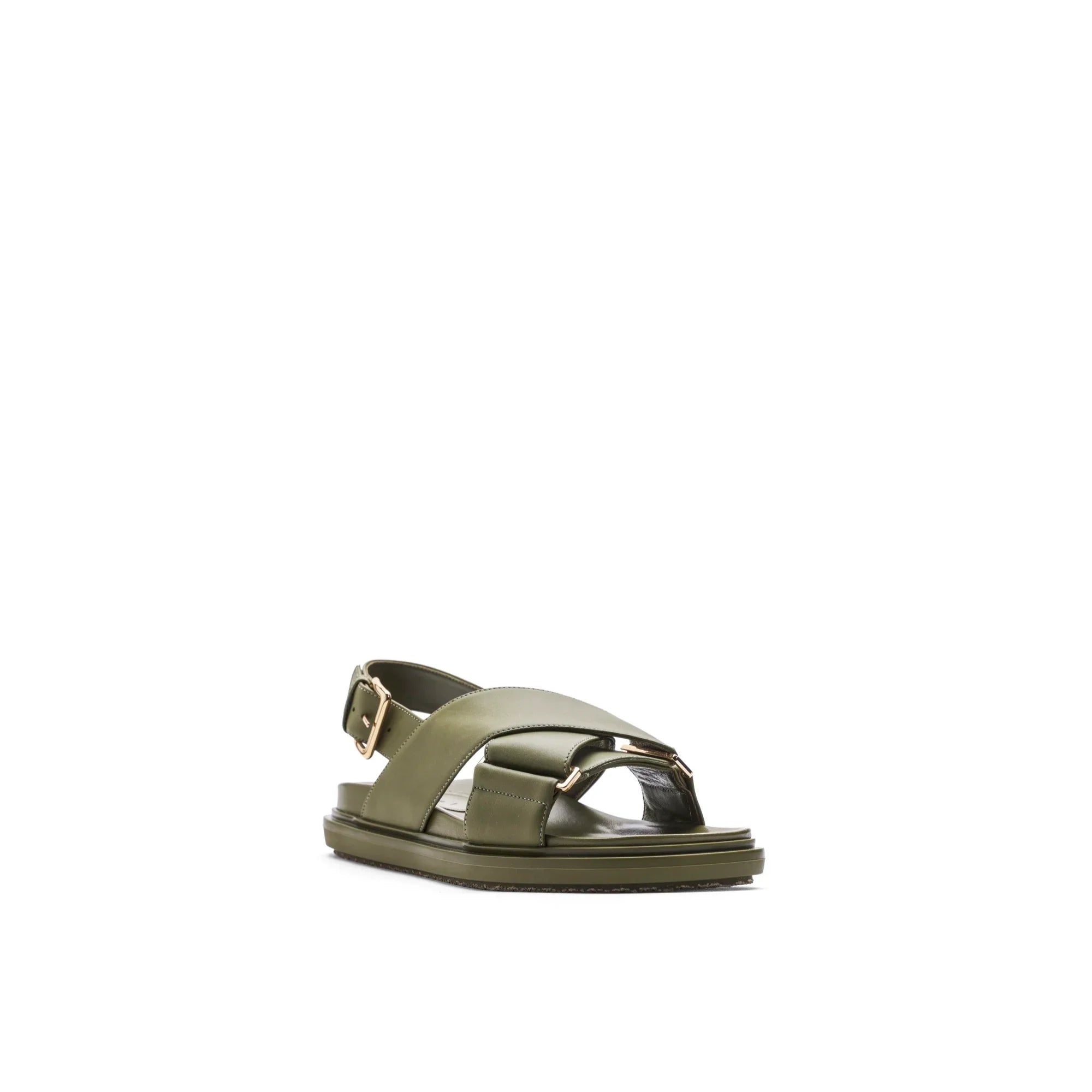 Olive green leather sandal with wide crisscross straps and adjustable buckle on white background