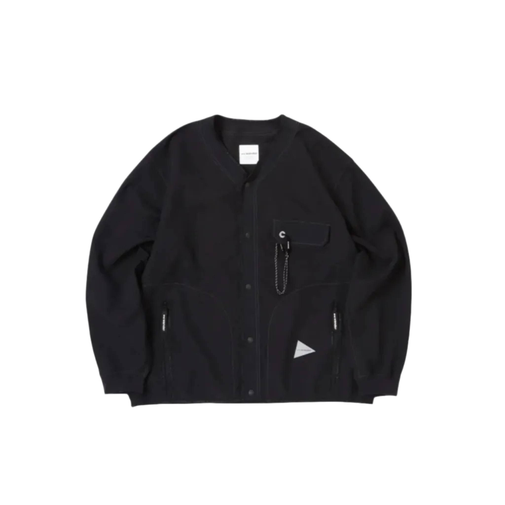 Black jacket with zippers and a pocket on a white background