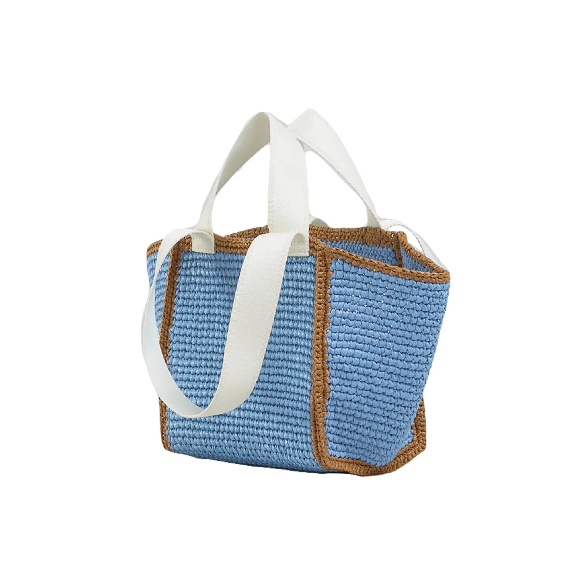 Blue woven tote bag with brown trim and white fabric handles isolated on white background