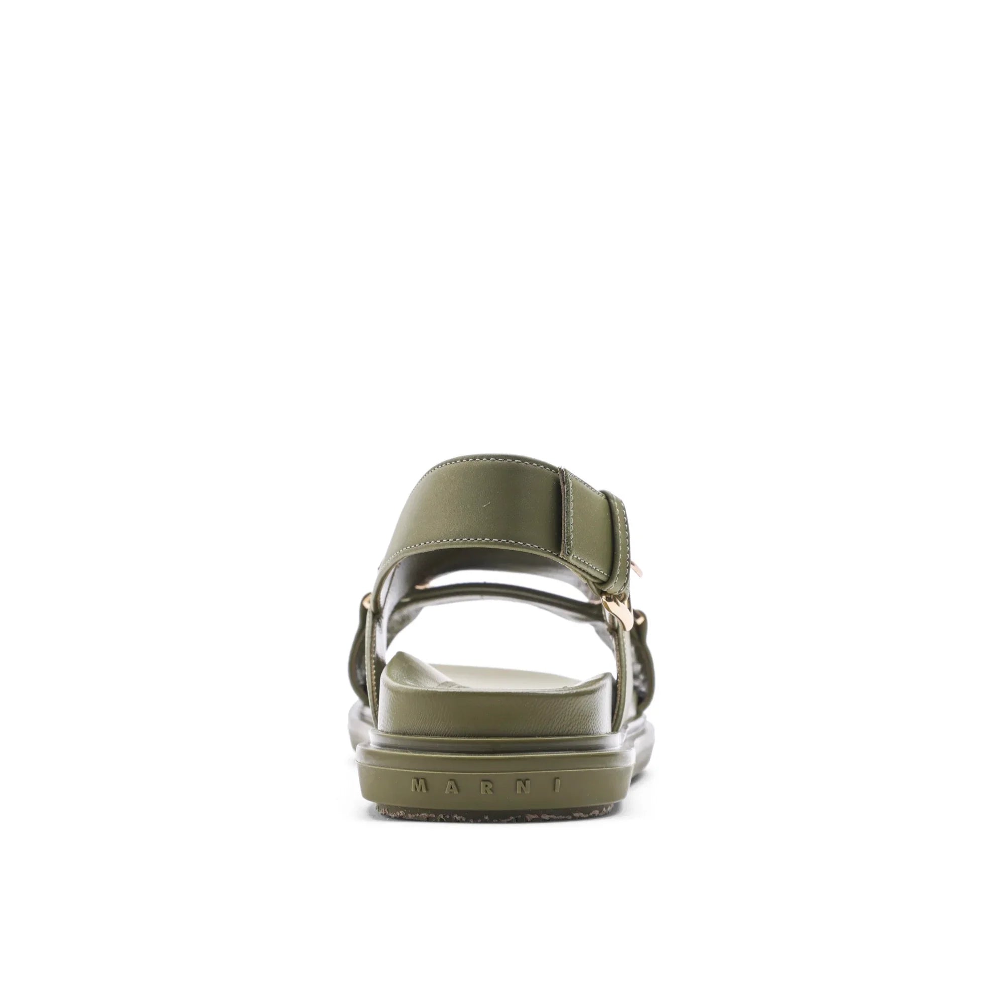 Rear view of olive green Marni leather sandal with adjustable strap on white background