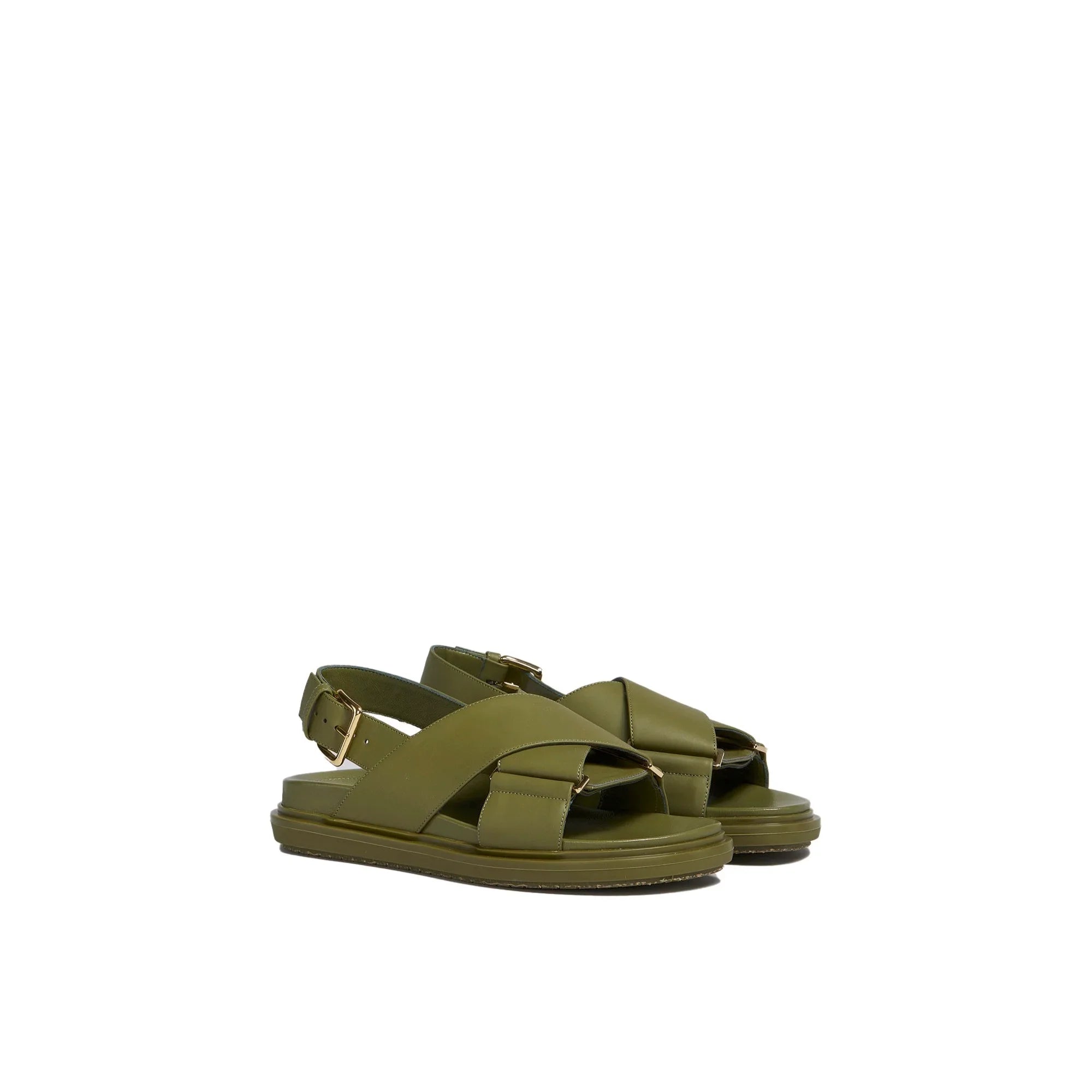 Pair of olive green leather sandals with wide crisscross straps and gold buckles