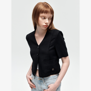 LINEN COLLARLESS HALF SLEEVE JACKET