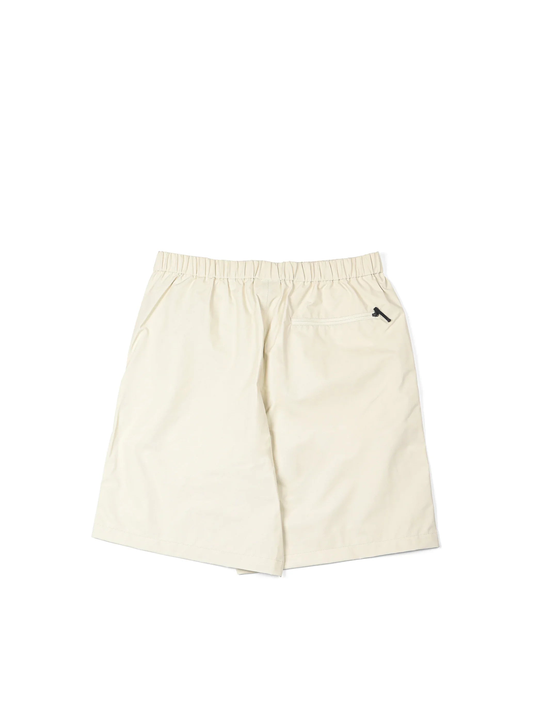Beige casual men's shorts with elastic waistband and zippered back pocket on white background