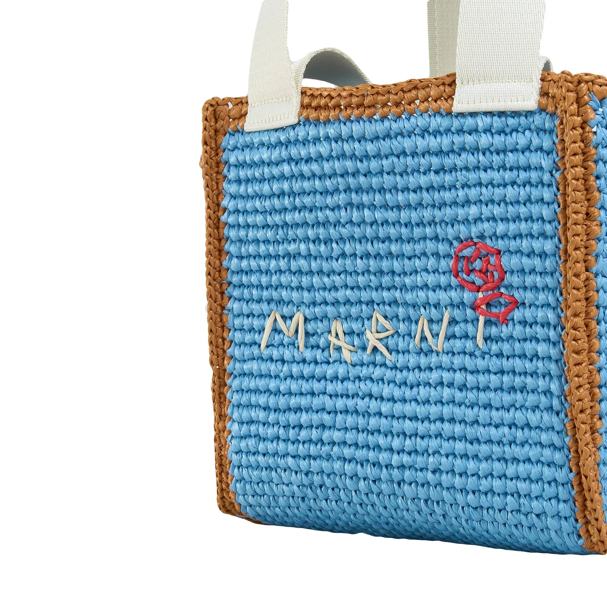 Blue woven straw tote bag with brown edges, white handles, and MARNI logo embroidery