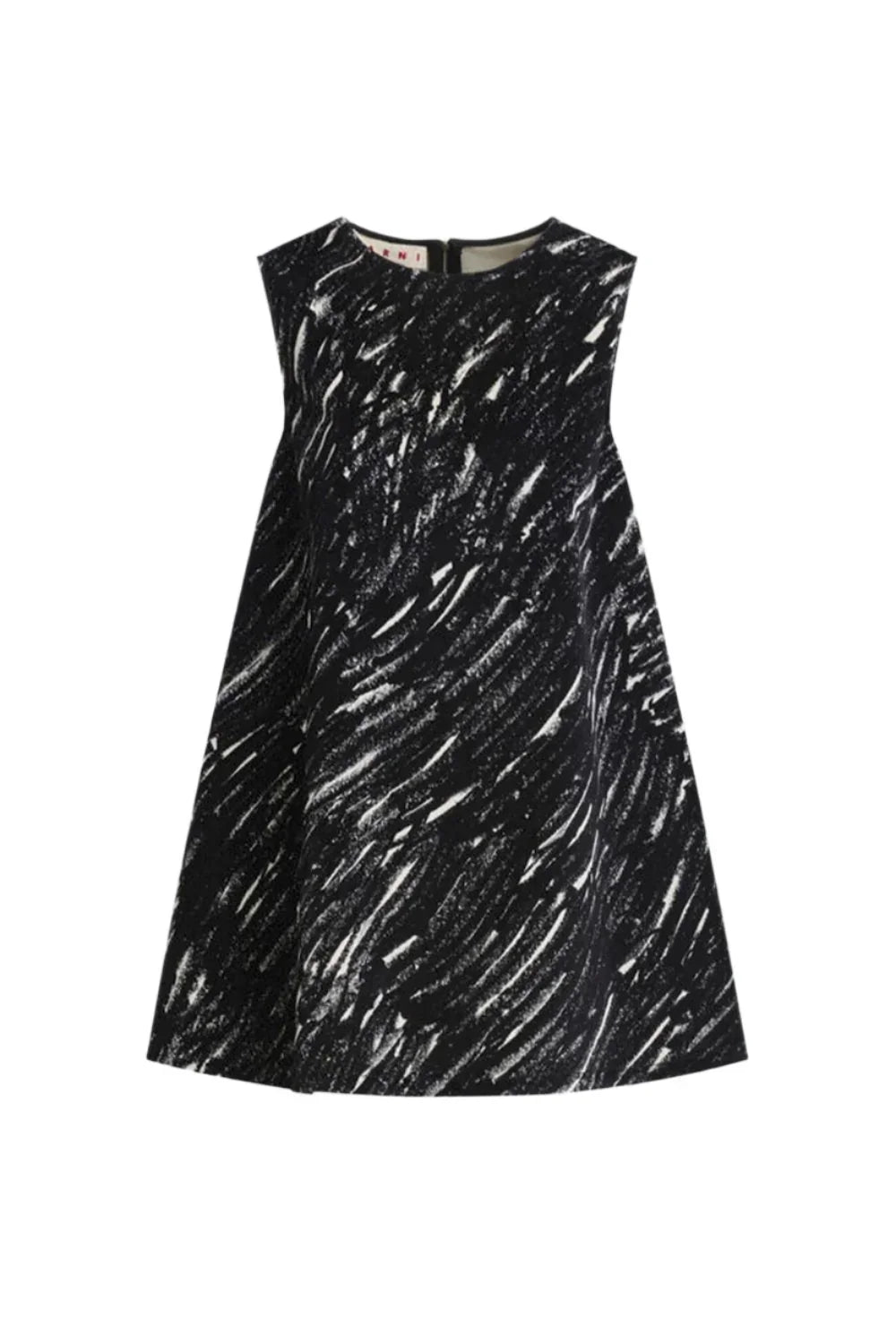 Black and white abstract patterned sleeveless A-line dress on white background