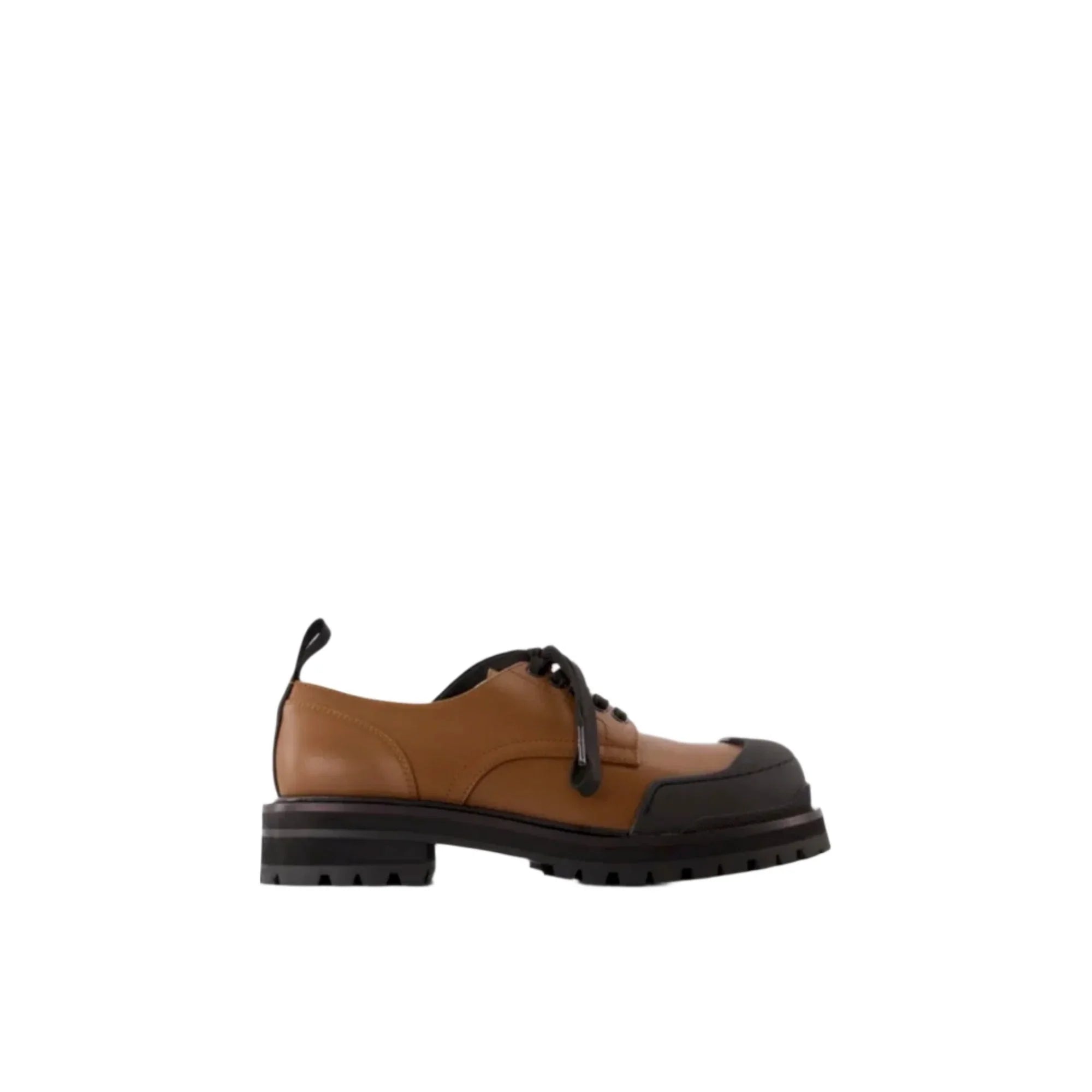 Brown leather lace-up shoe with black rubber sole and toe cap on white background