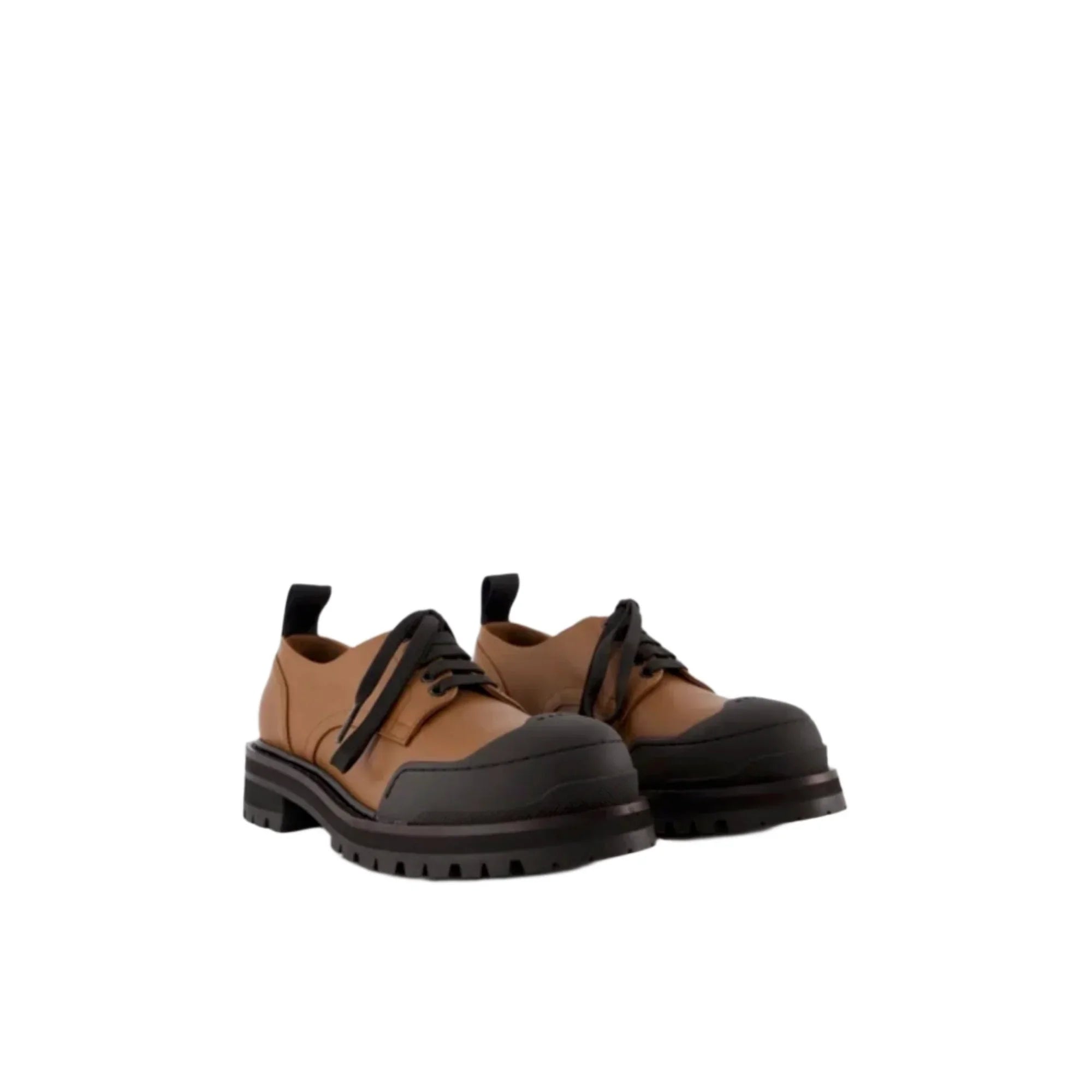 Brown leather derby shoes with black rubber soles and toe caps, black laces, on white background