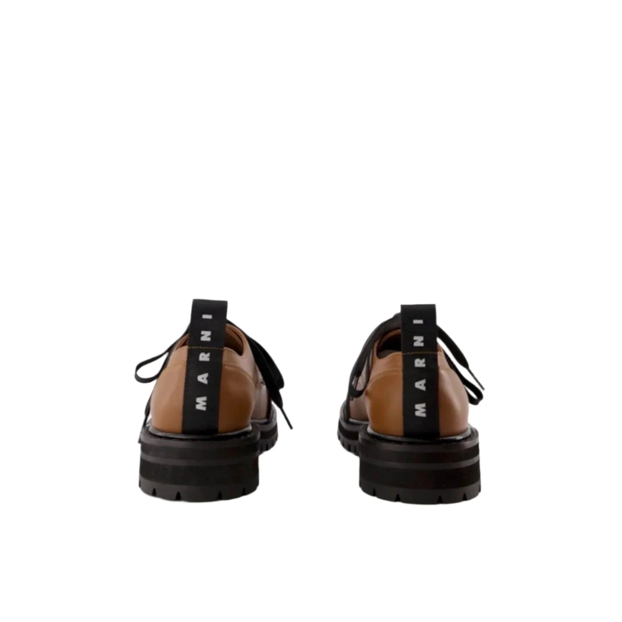 Rear view of brown leather Marni lace-up shoes with black chunky soles and branded heel straps