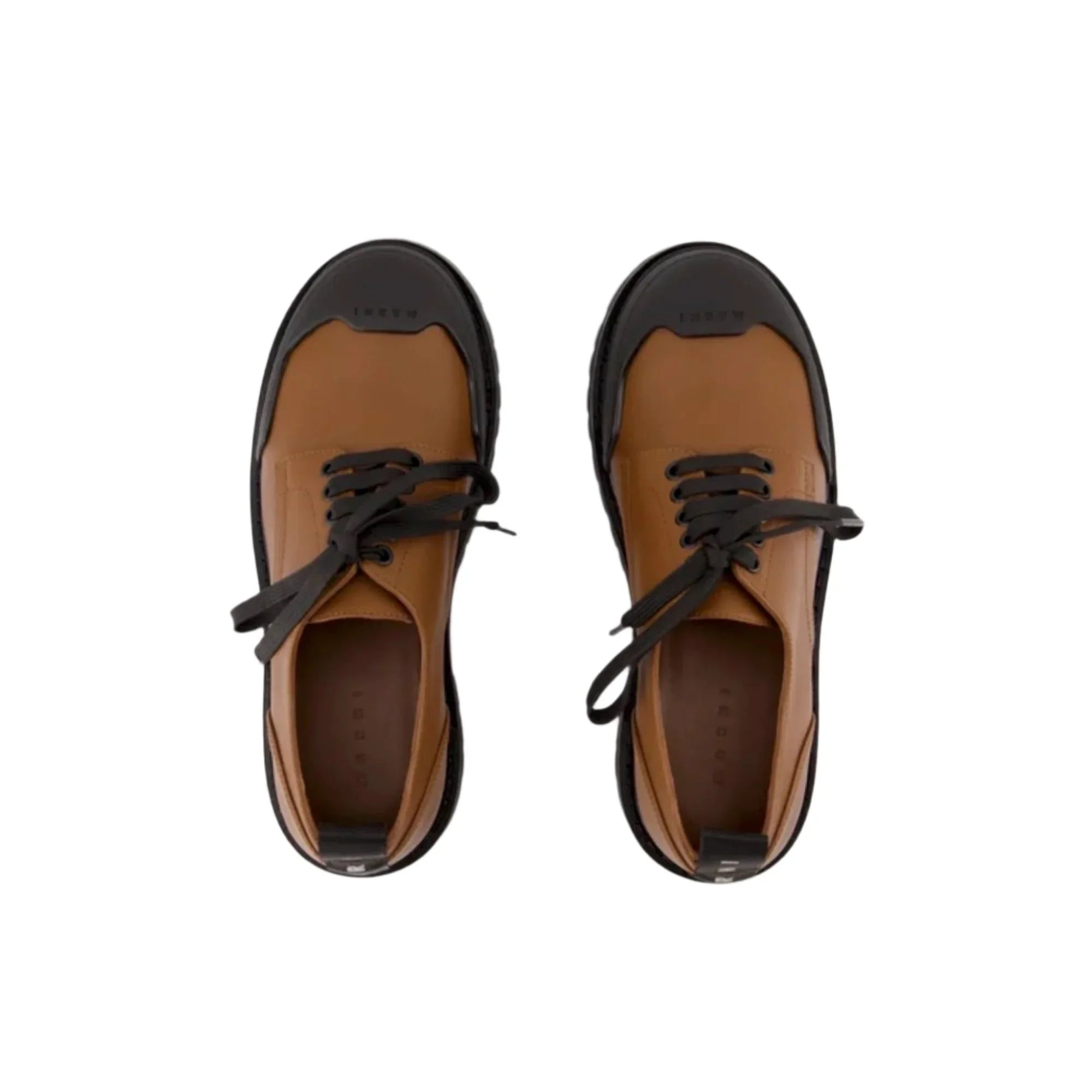 Top view of brown and black lace-up casual shoes with black soles on white background