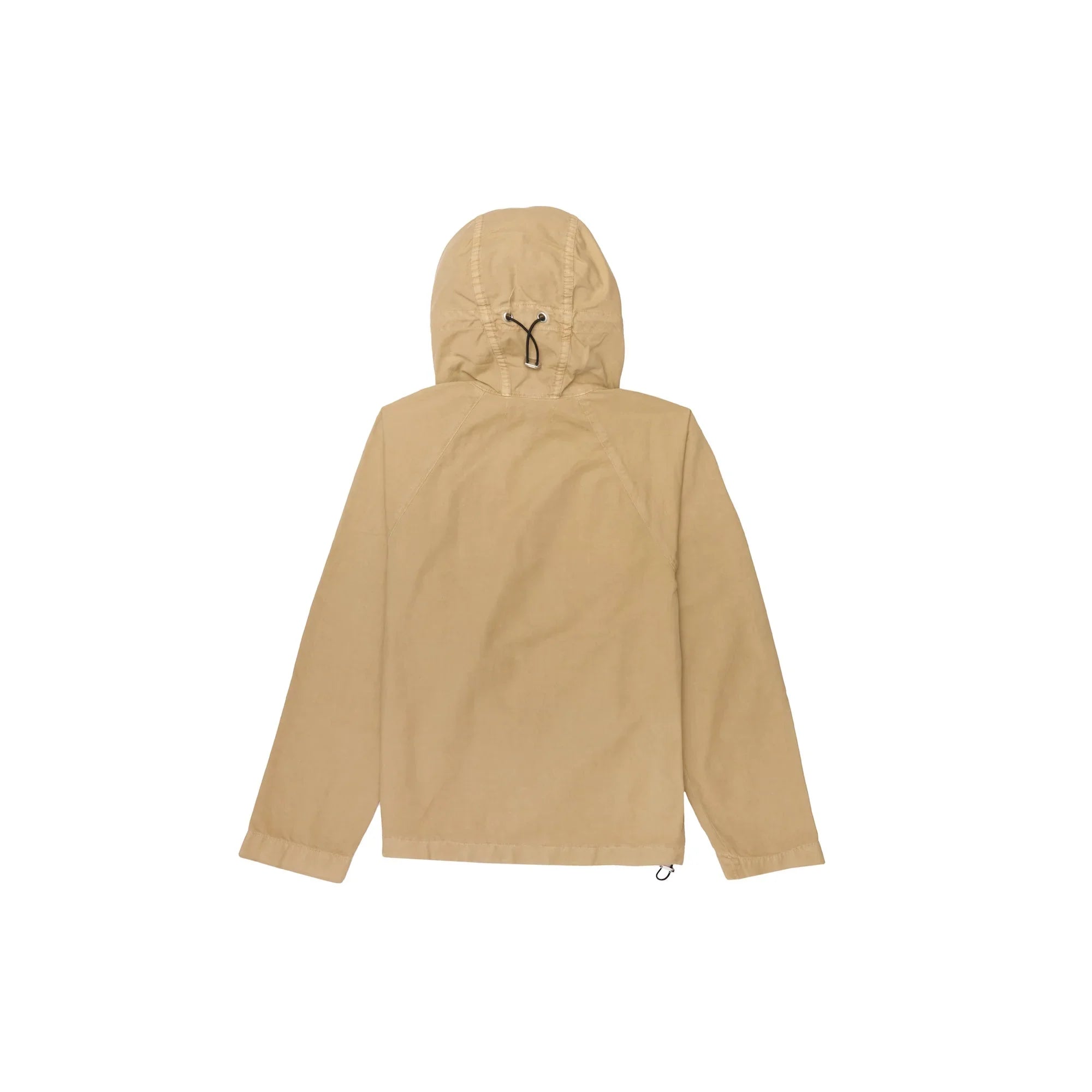 Back view of a beige hooded jacket with drawstring adjustment and long sleeves on white background