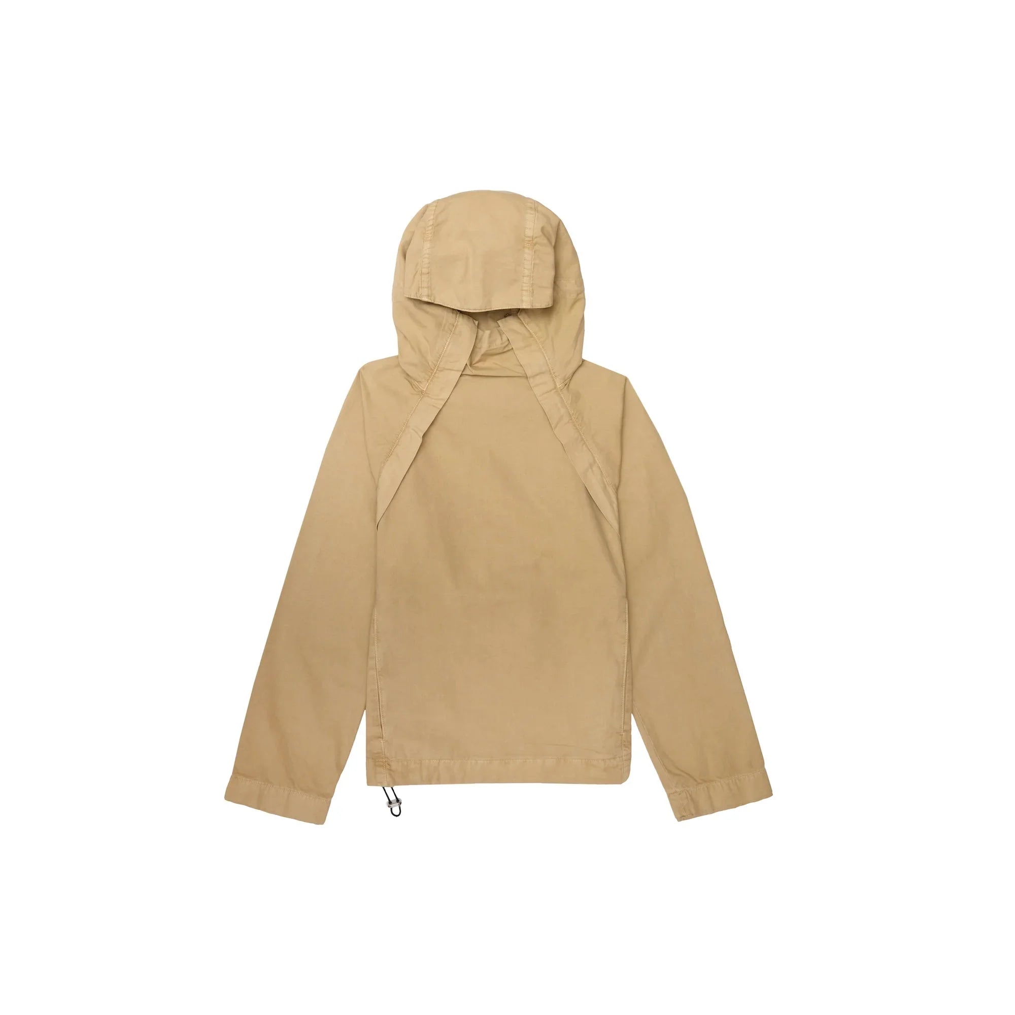 Beige hooded lightweight jacket with long sleeves and adjustable hem detail