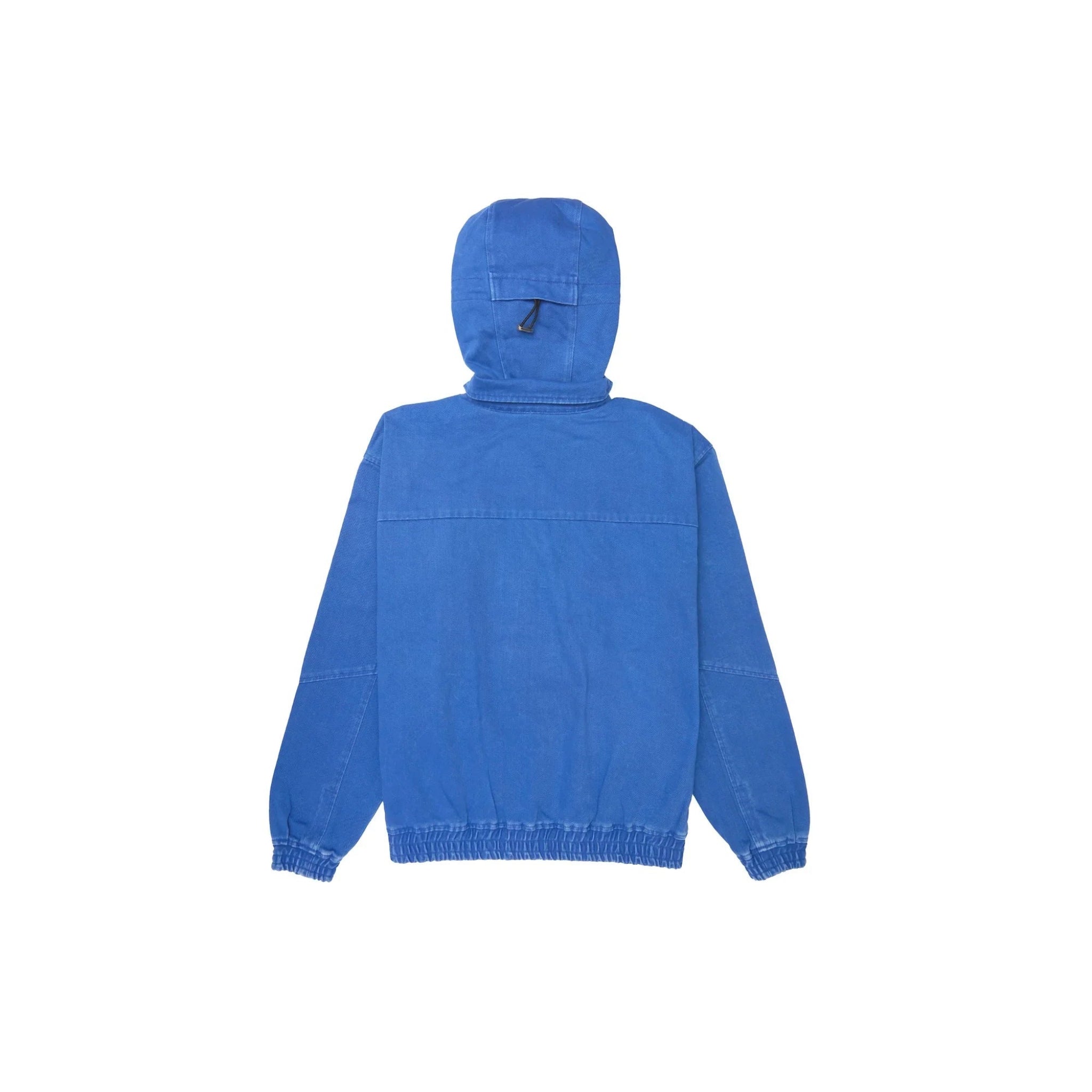 Back view of blue hooded jacket with elastic cuffs and hem on white background