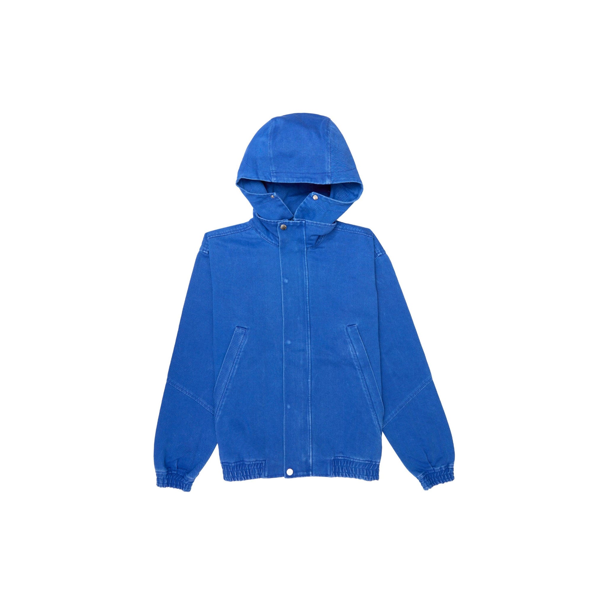 Blue hooded jacket with front pockets and snap button closure, elastic cuffs and hem