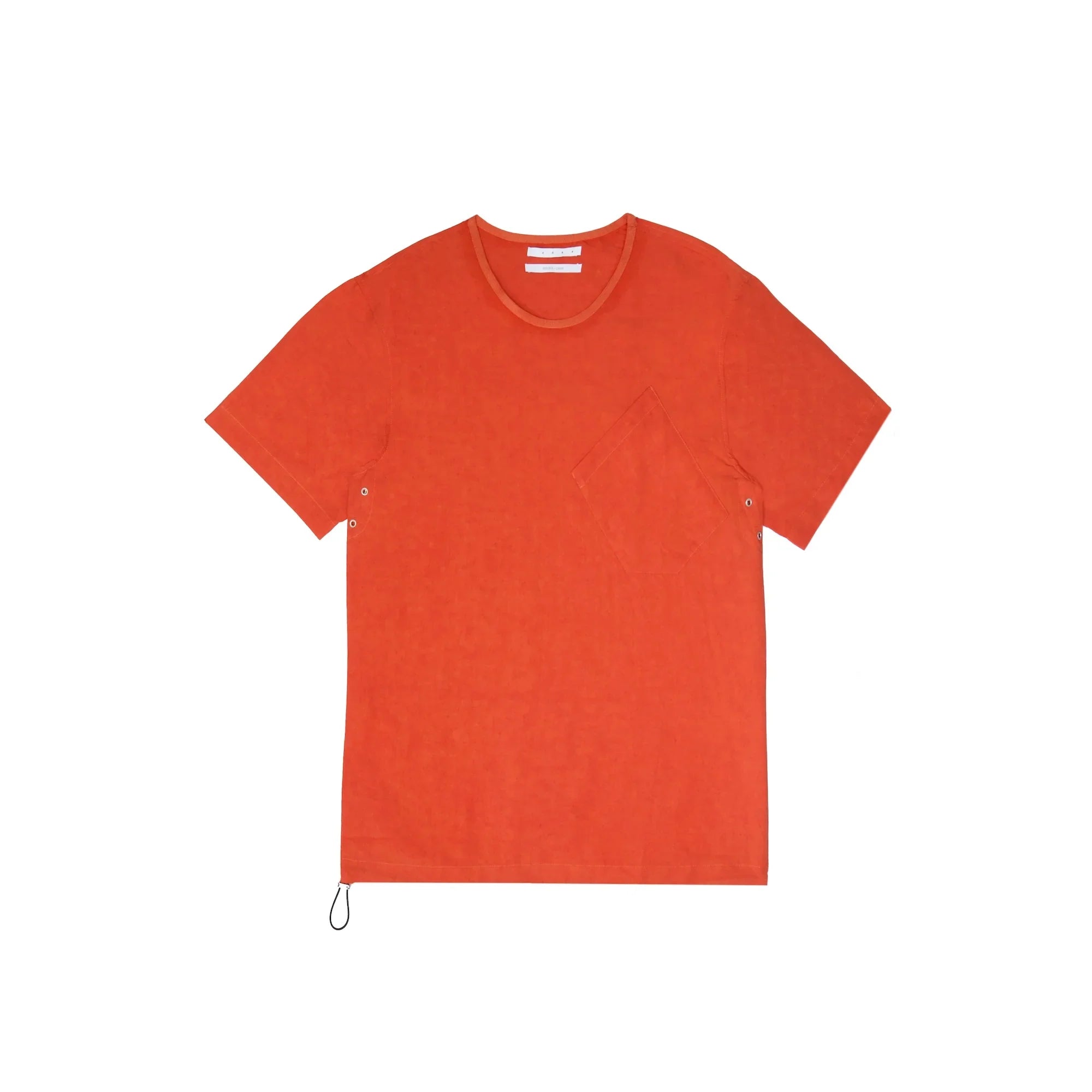 Bright orange short-sleeve t-shirt with front chest pocket and side grommet details