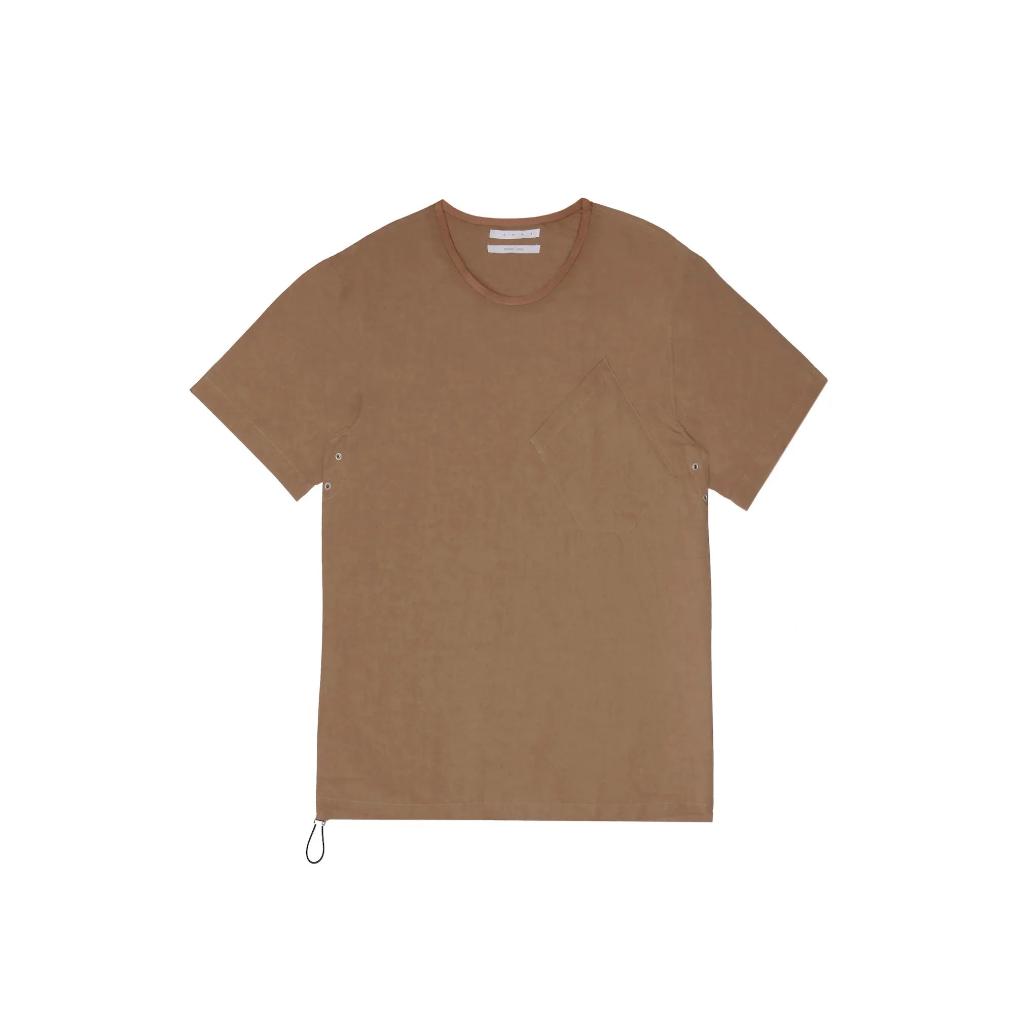 Brown short-sleeve crew neck t-shirt with a chest pocket and side grommet details