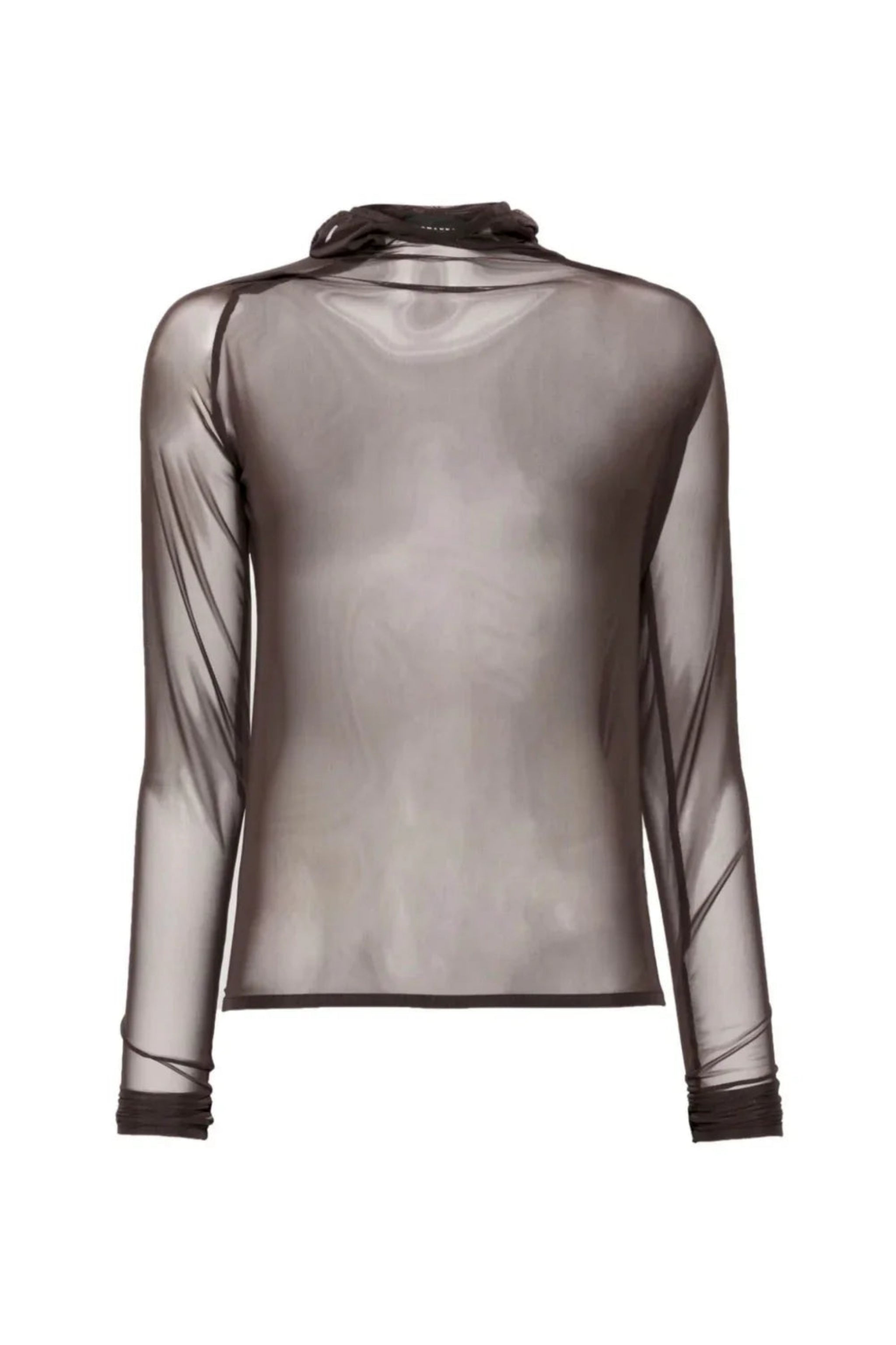 Sheer long-sleeve top with black trim on a white background