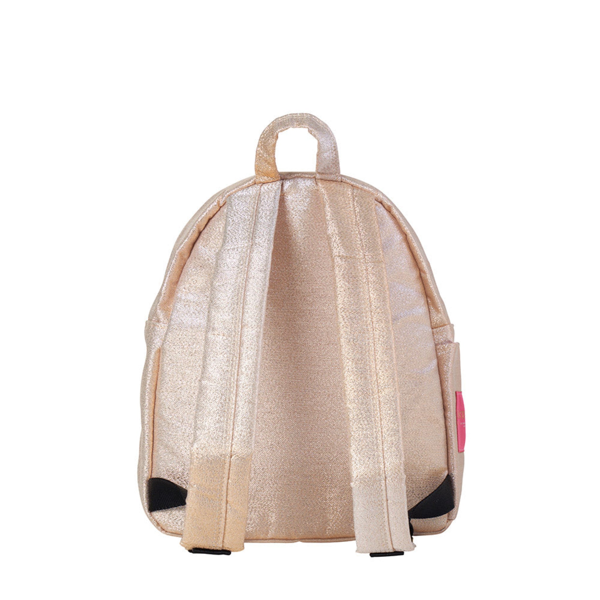 ENTRE REVES - Busy Babe Gold Mini beige backpack with a pink patch displaying text on a white background