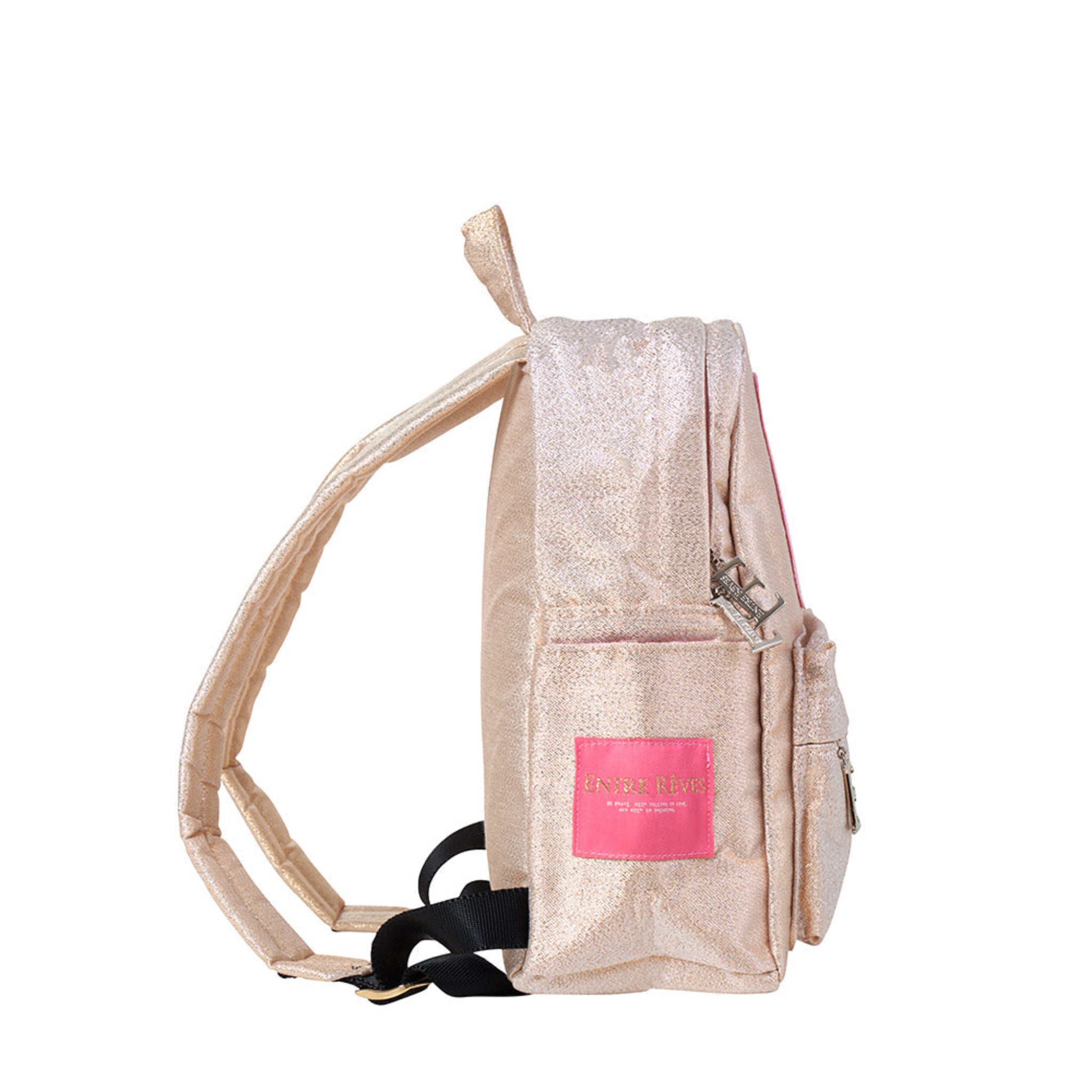 ENTRE REVES - Busy Babe Gold Mini beige backpack with a pink patch displaying text on a white background