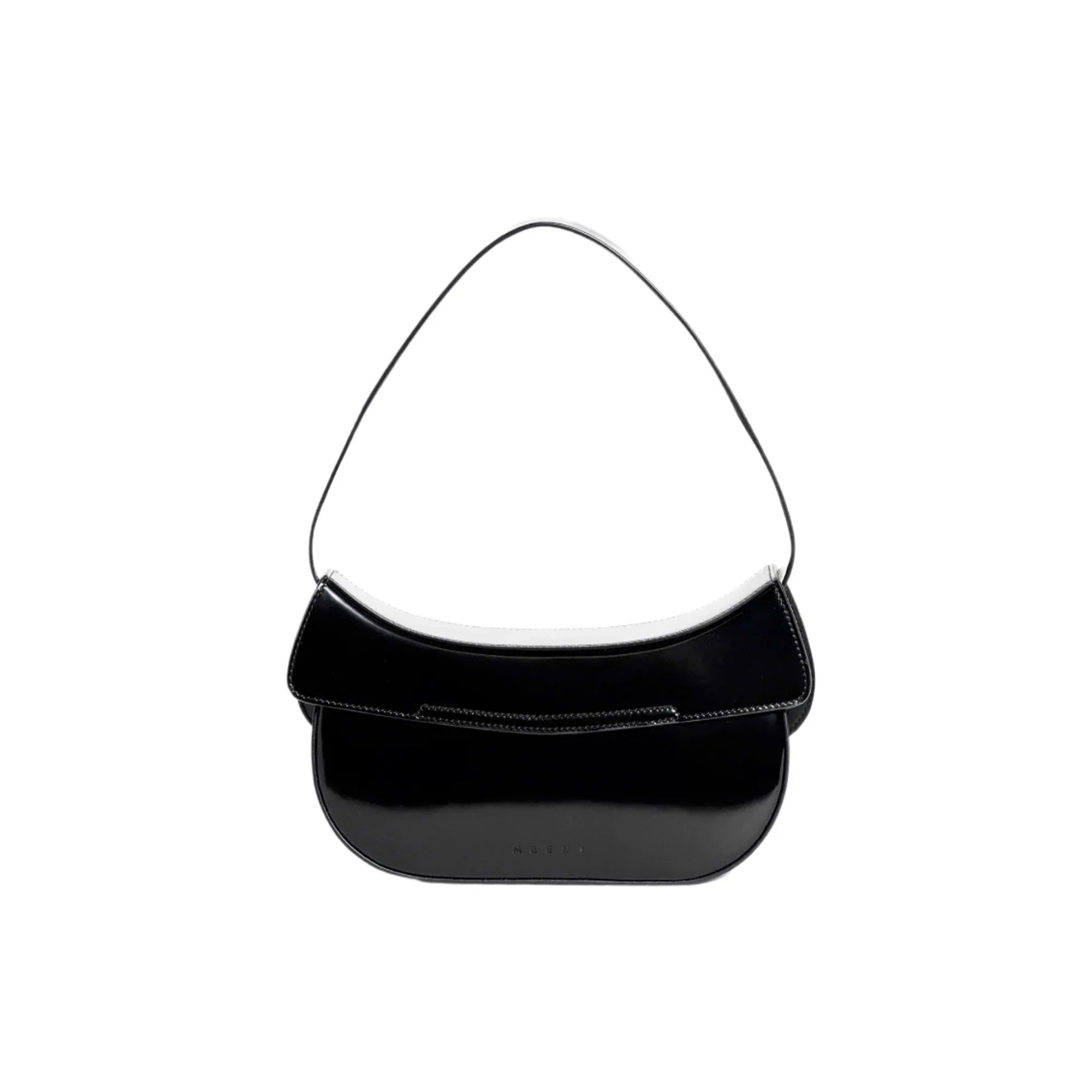 Black shiny medium hobo bag with curved flap and single shoulder strap on white background