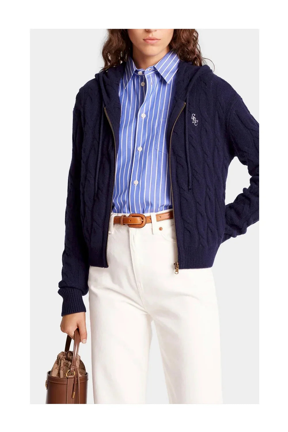 SPORTY & RICH SRC Cable-knit Cashmere Zip Hoodie | Navy-4