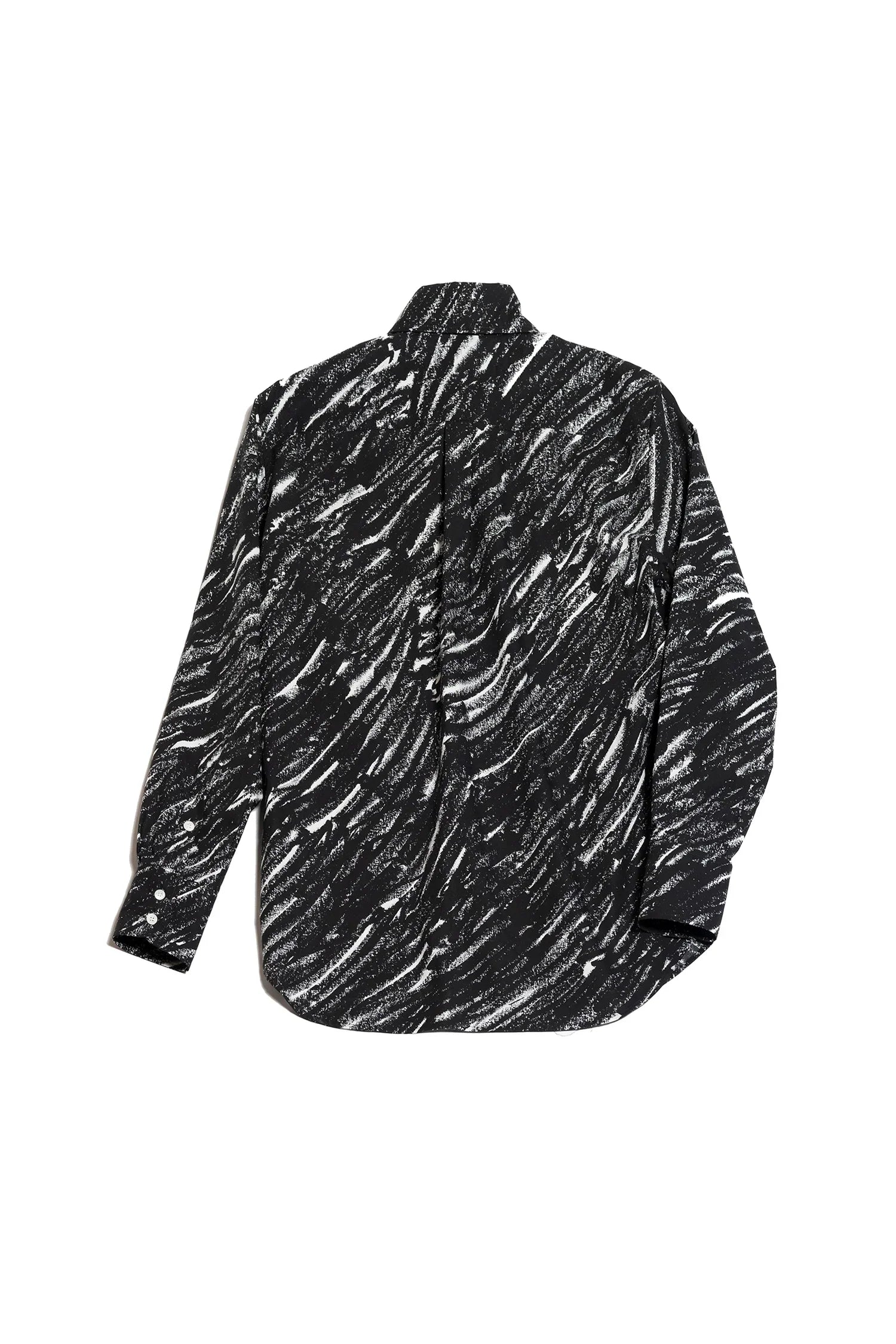 Black and white abstract swirl patterned long-sleeve casual shirt laid flat back view