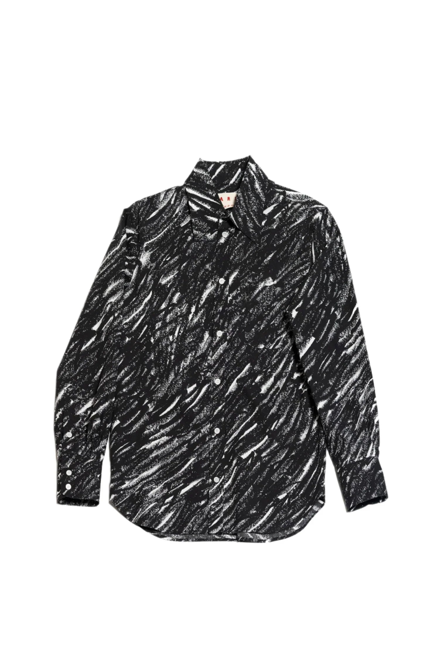 Black and white abstract patterned long sleeve button-up shirt with pointed collar