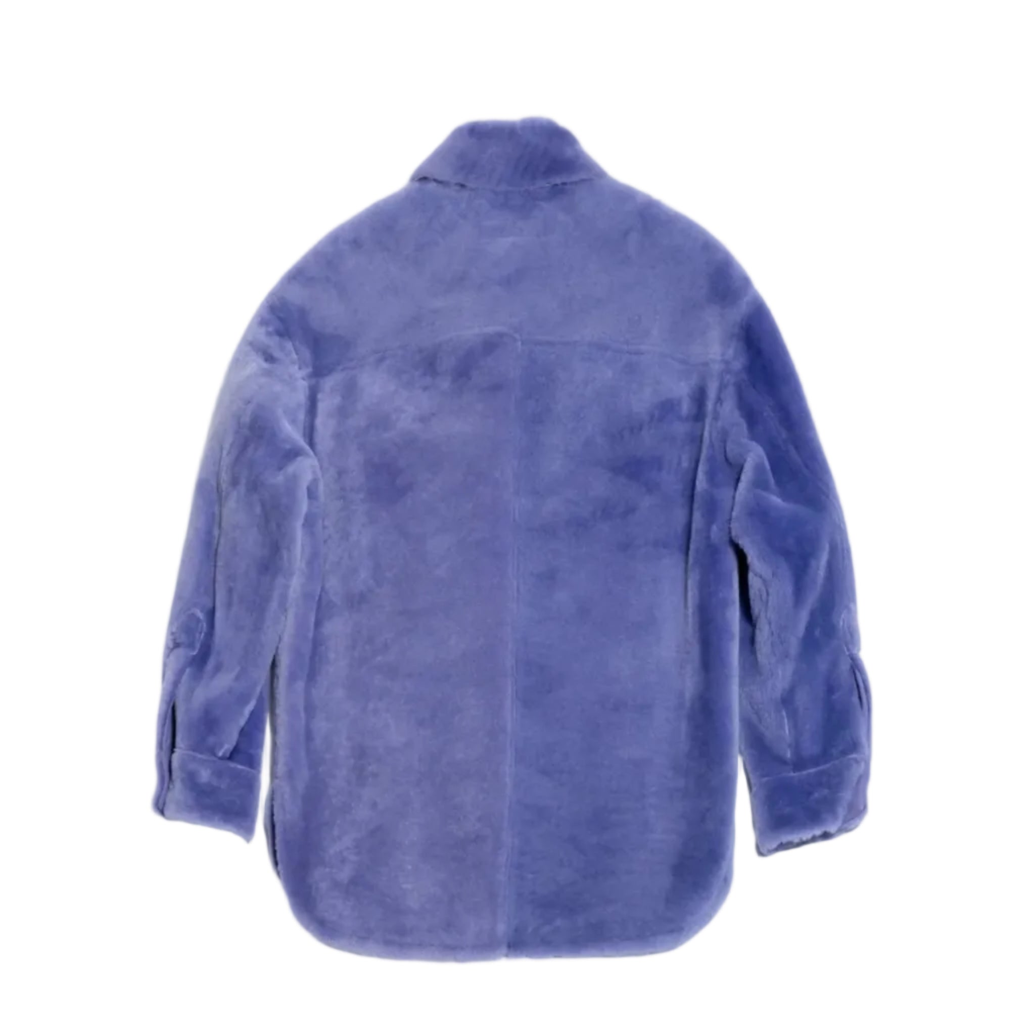 Back view of a soft purple faux fur jacket with long sleeves and a collar