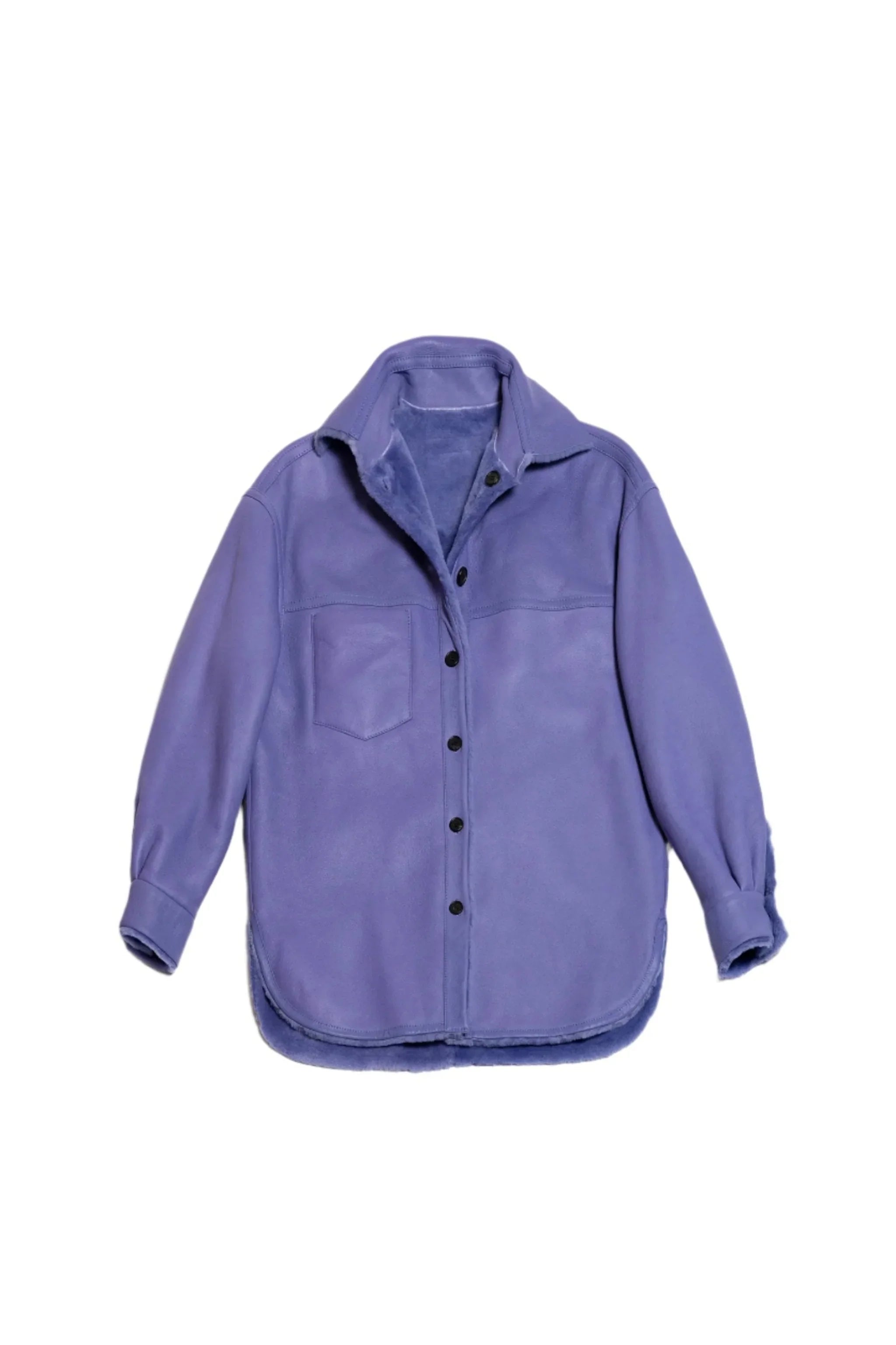 Purple button-up shearling jacket with collar and chest pocket on white background