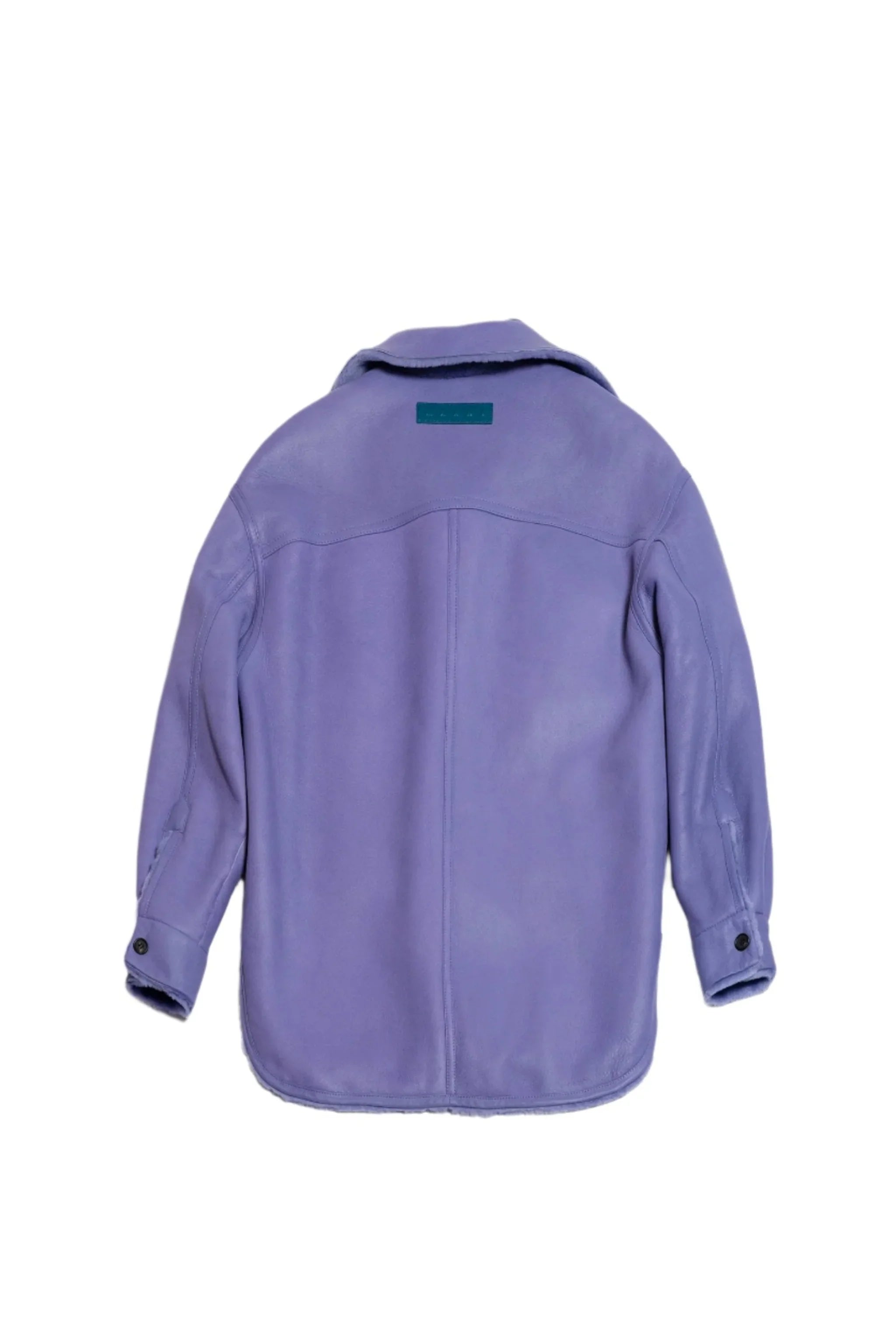 Back view of a purple leather jacket with long sleeves and buttoned cuffs on white background