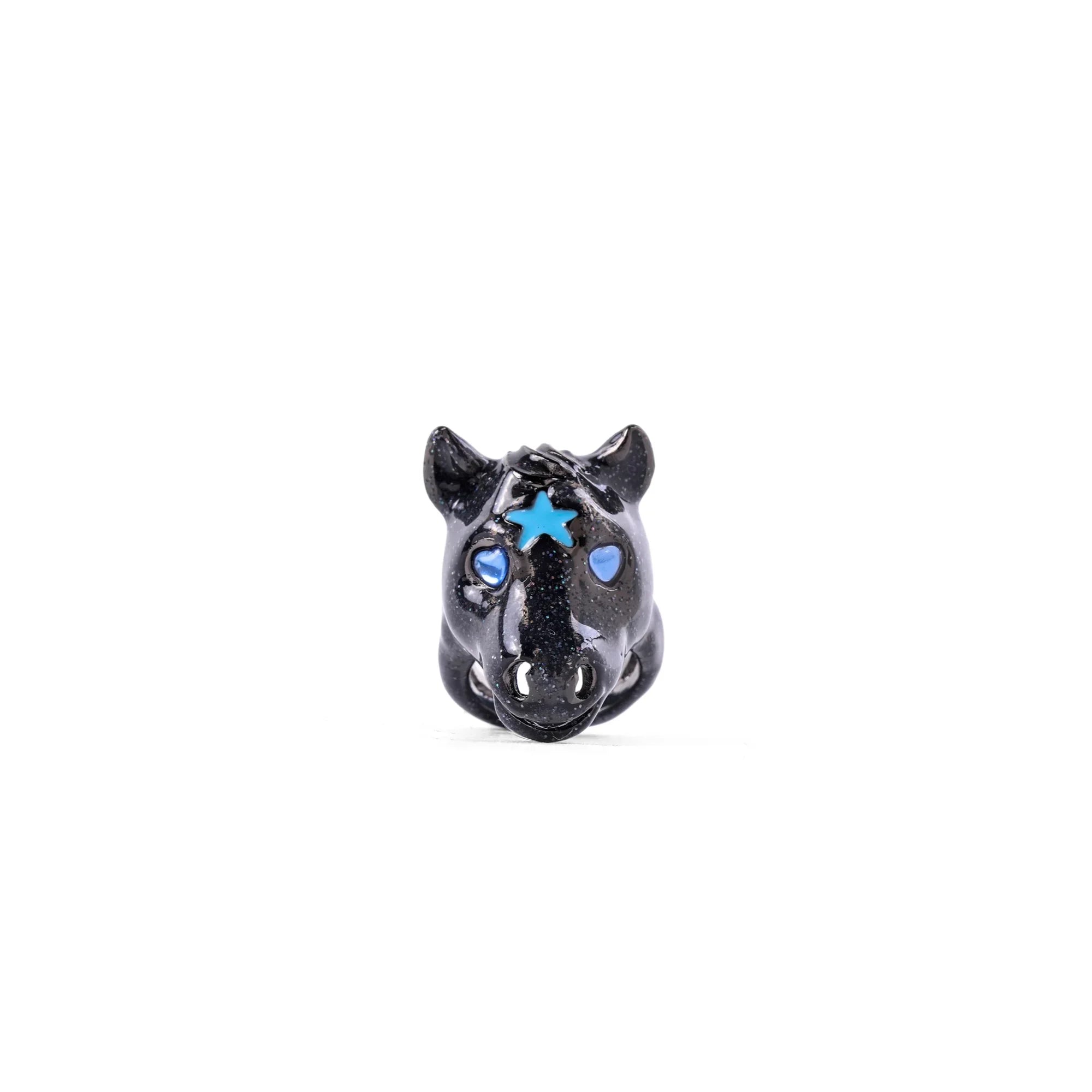 black pony ring with blue star on forehead and blue teardrop eyes on white background