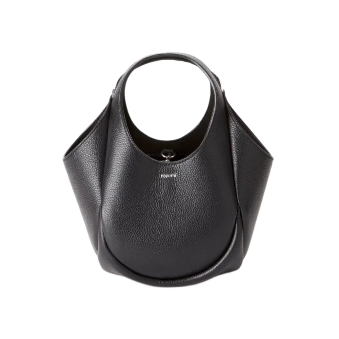 A black mini bucket bag with a smooth leather finish, featuring a round handle and a small brand logo at the bottom corner.