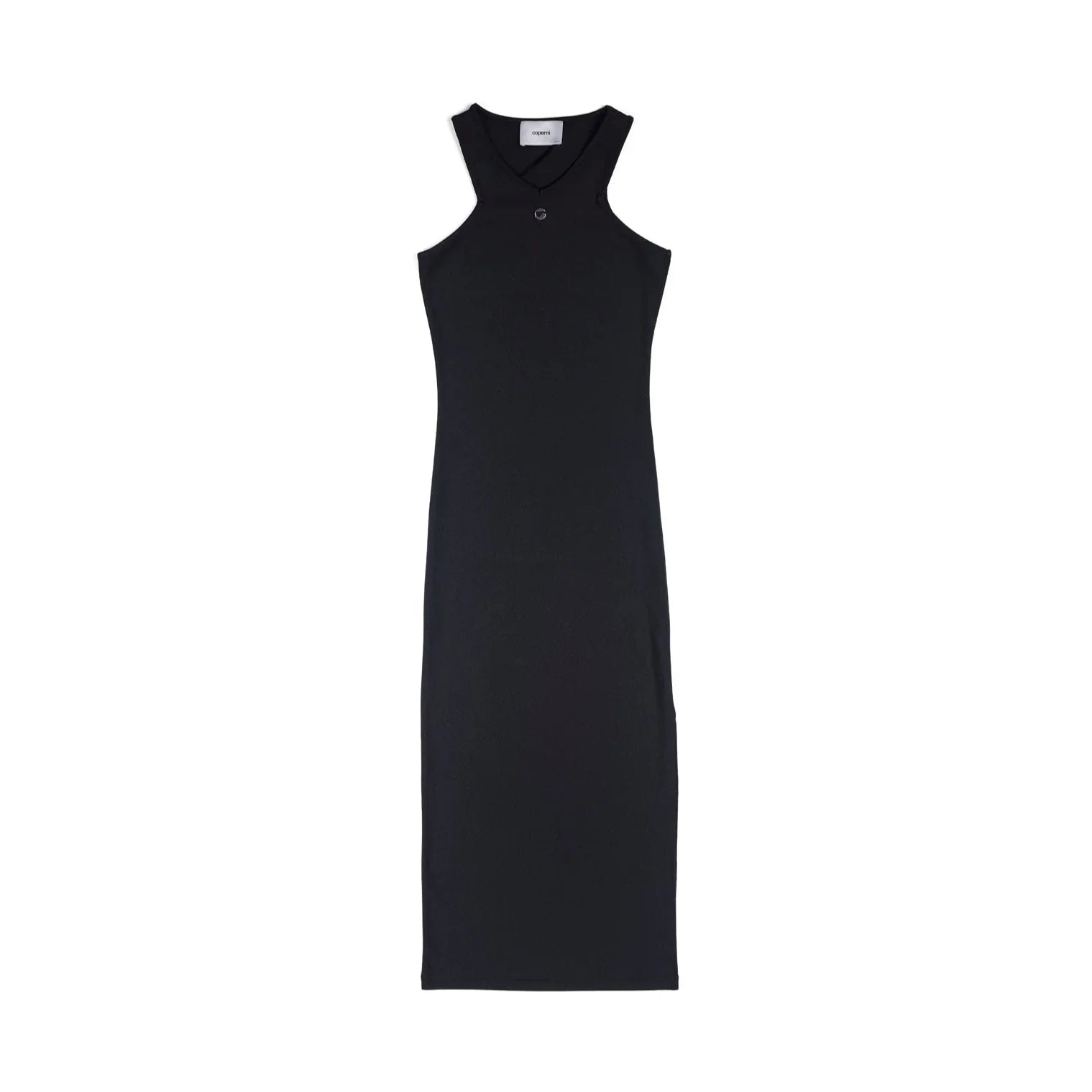 Black sleeveless midi dress with a collar and button detail, minimalist design by Coperni