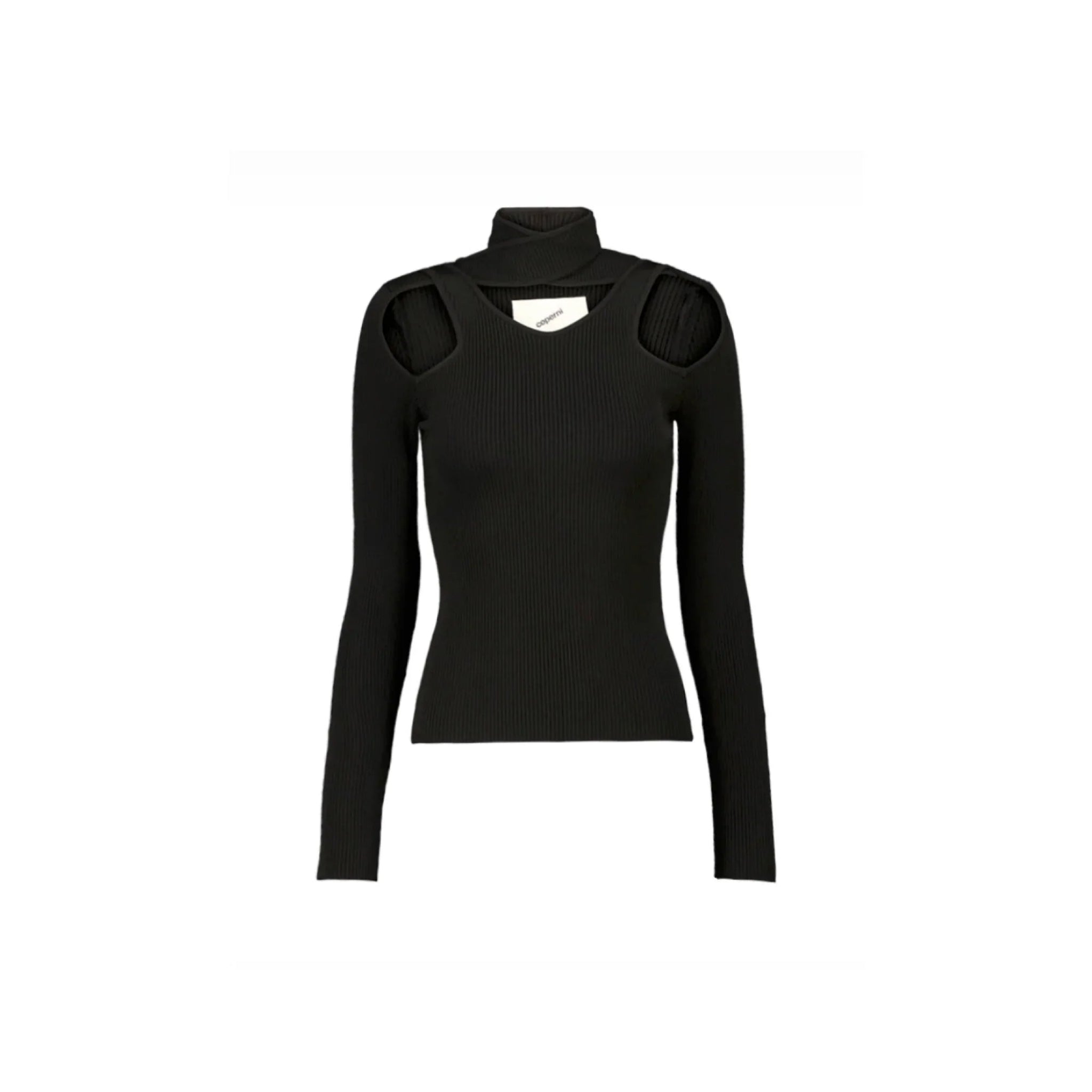 Black ribbed knit jumper with cold shoulder cutouts and high turtleneck collar