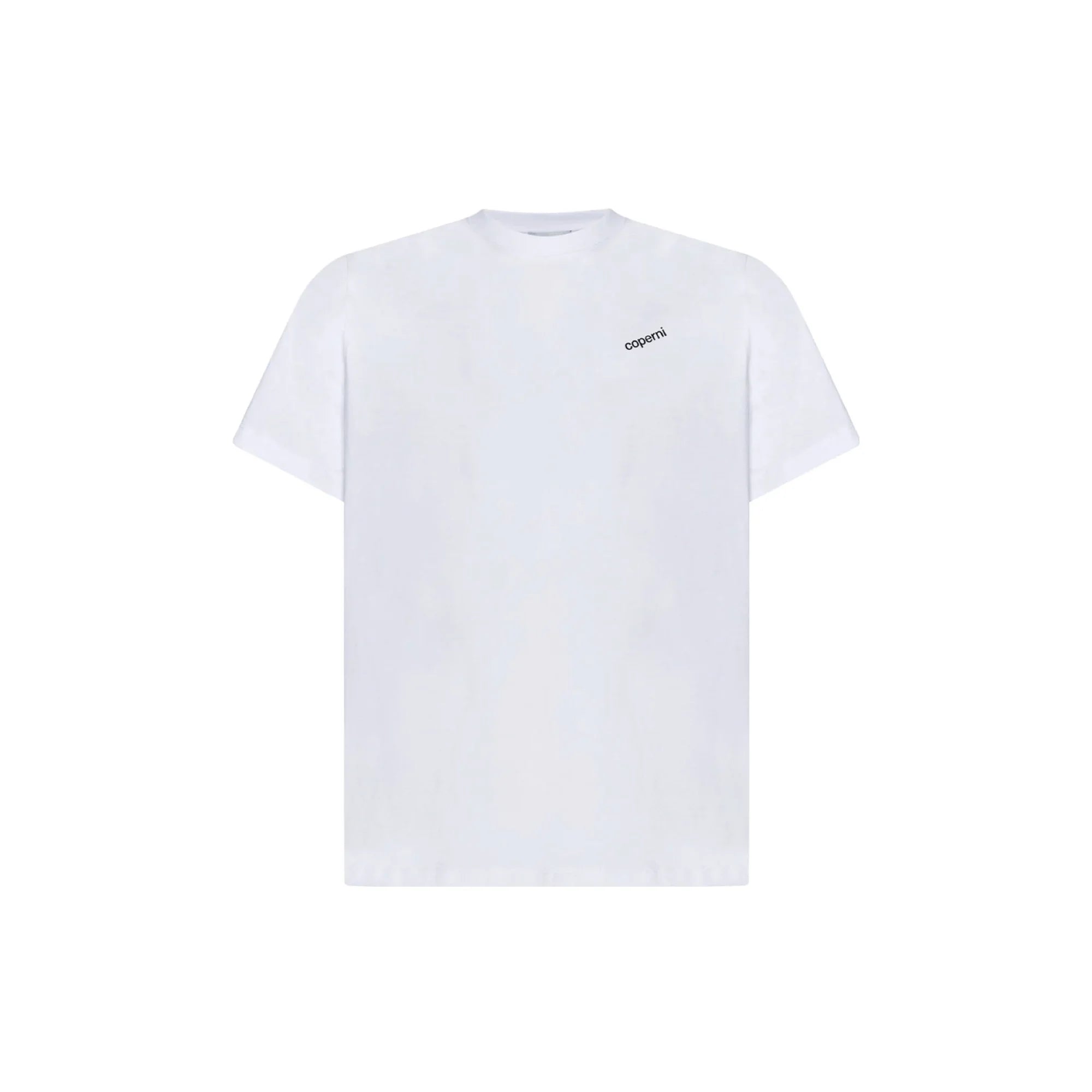 White Coperni boxy T-shirt with small black logo on upper left chest