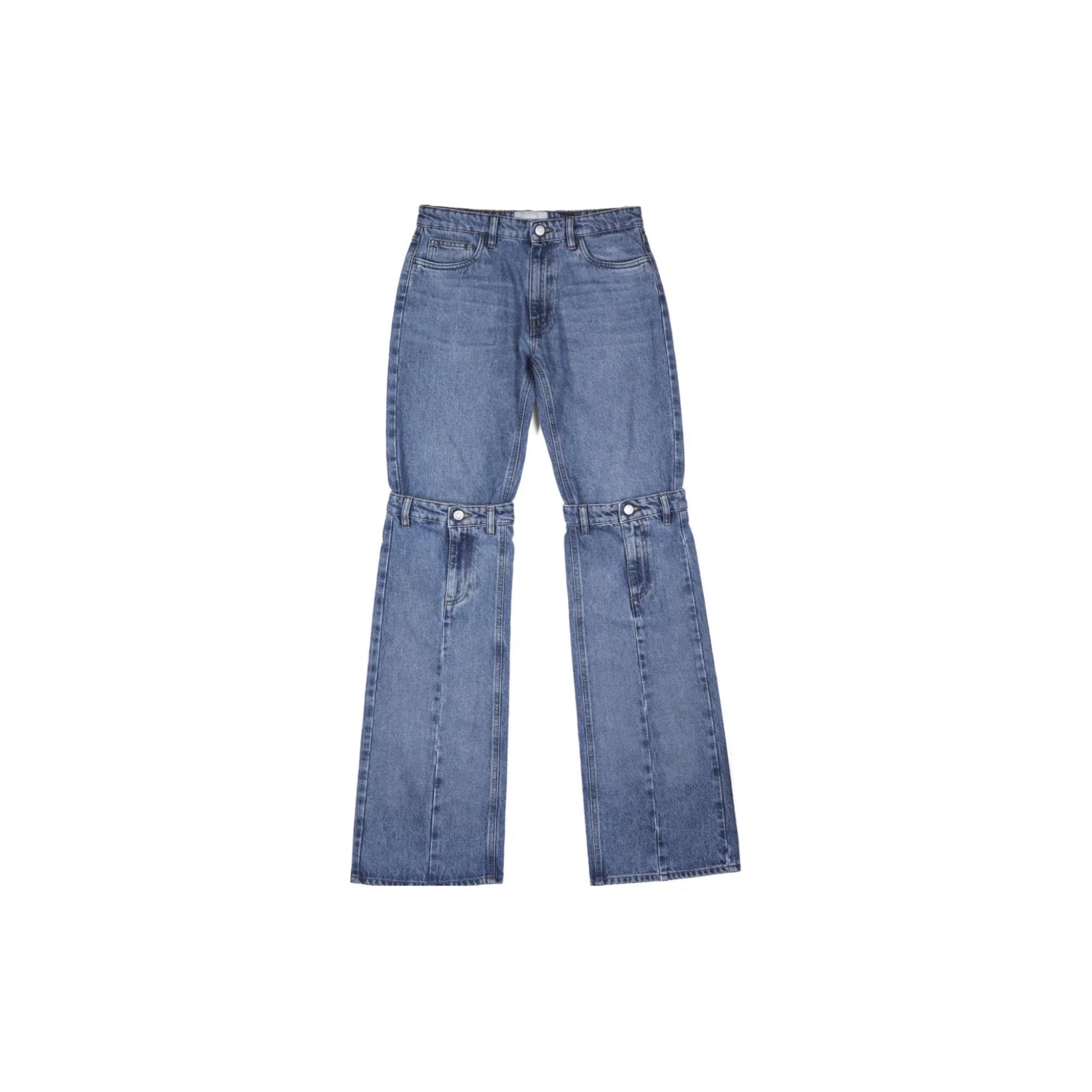 Light blue high-waisted denim jeans with detachable lower legs and button details